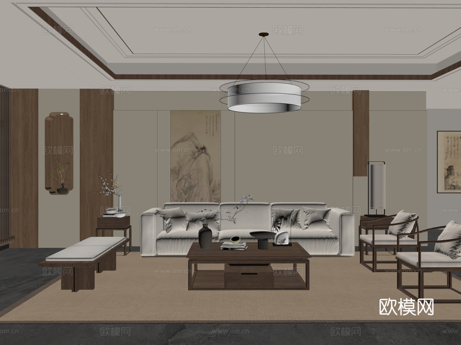 新中式客厅 沙发侘寂组合su模型