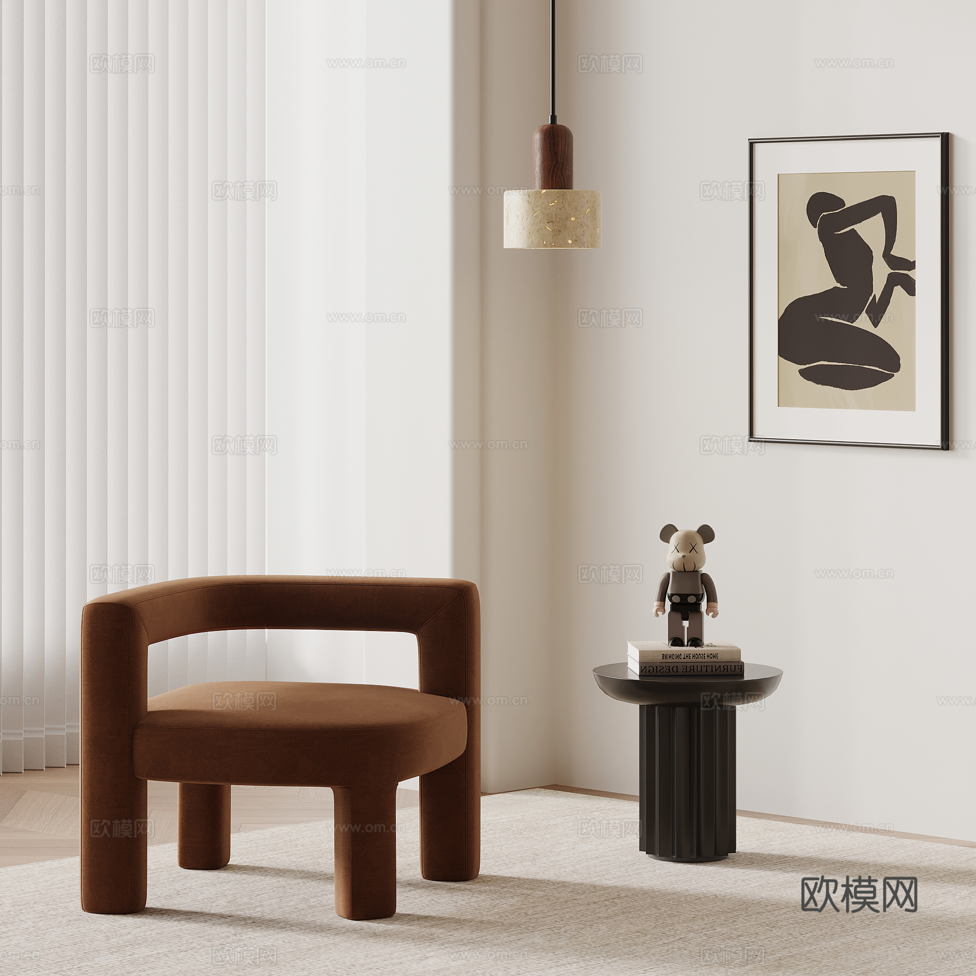 现代奶油风休闲椅 边几su模型