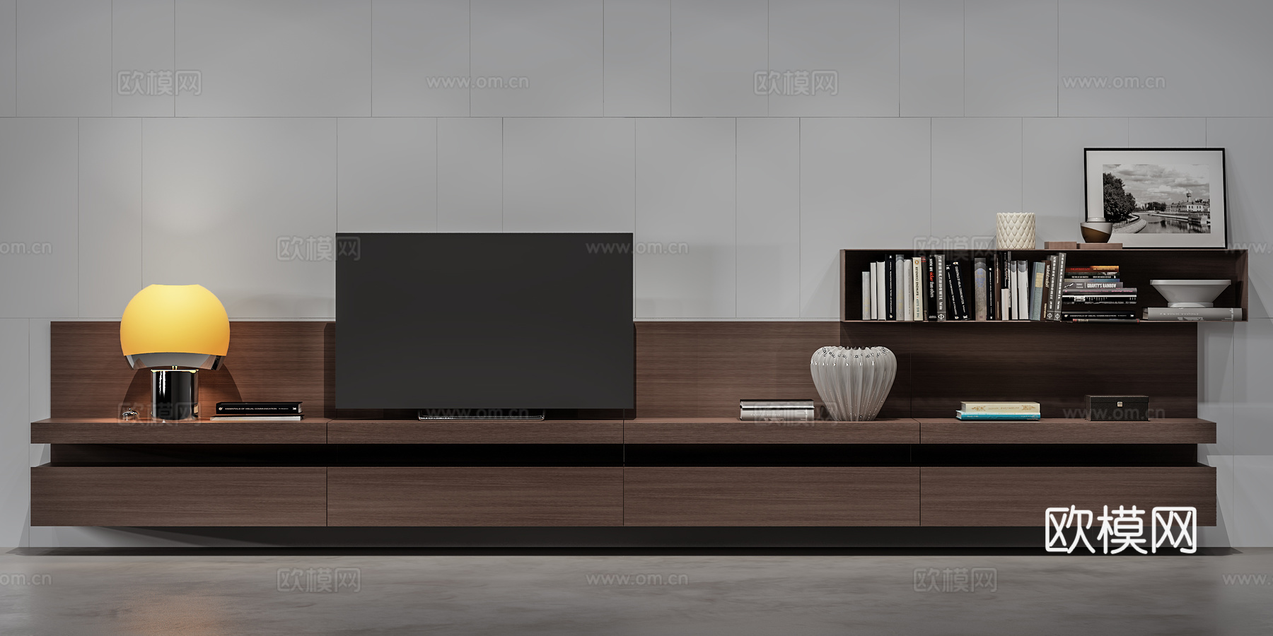 北欧现代北欧书柜电视柜书本装饰品电视墙3d模型下载（渲染图2）