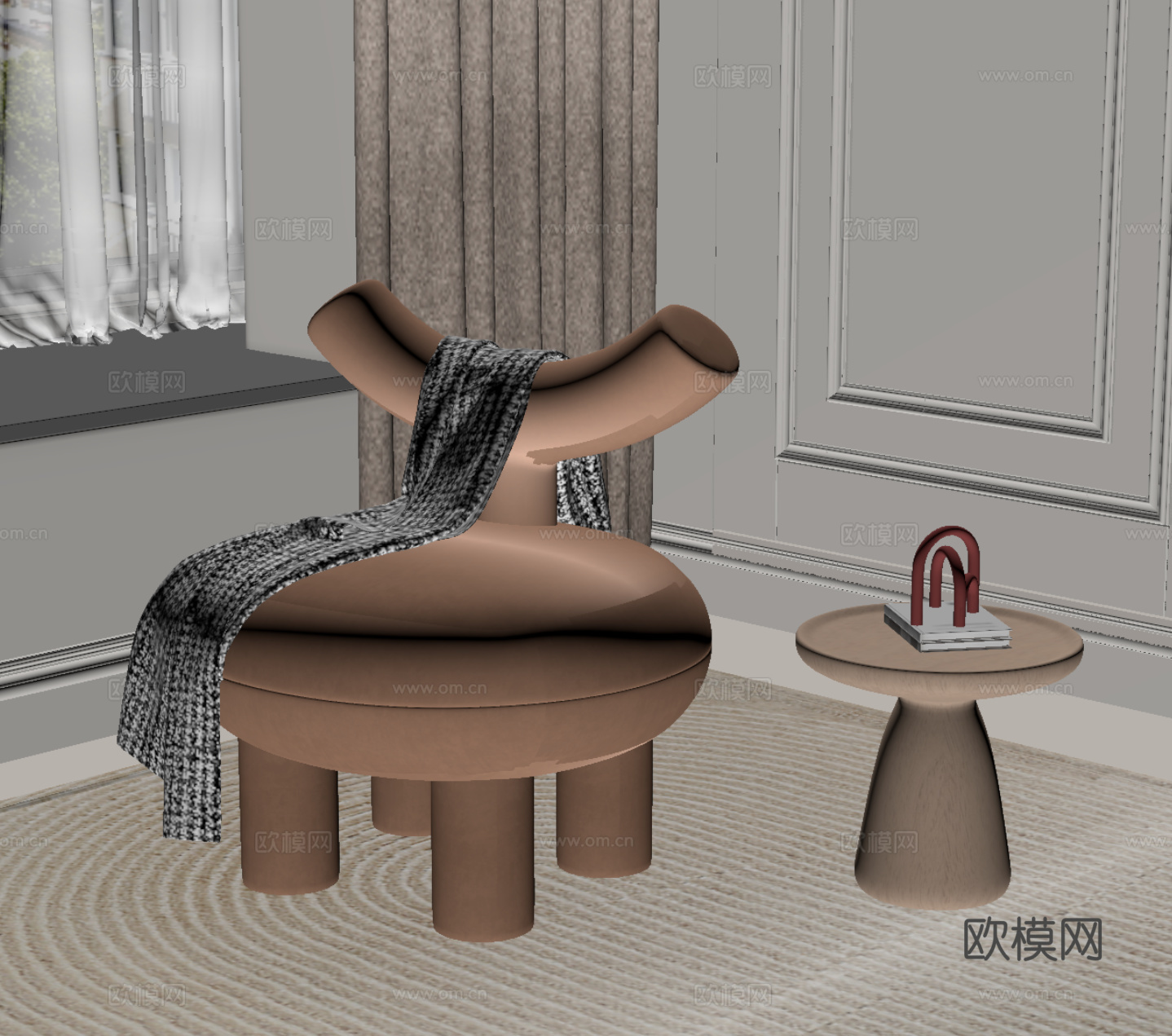 现代奶油风单人沙发 休闲沙发 边几su模型