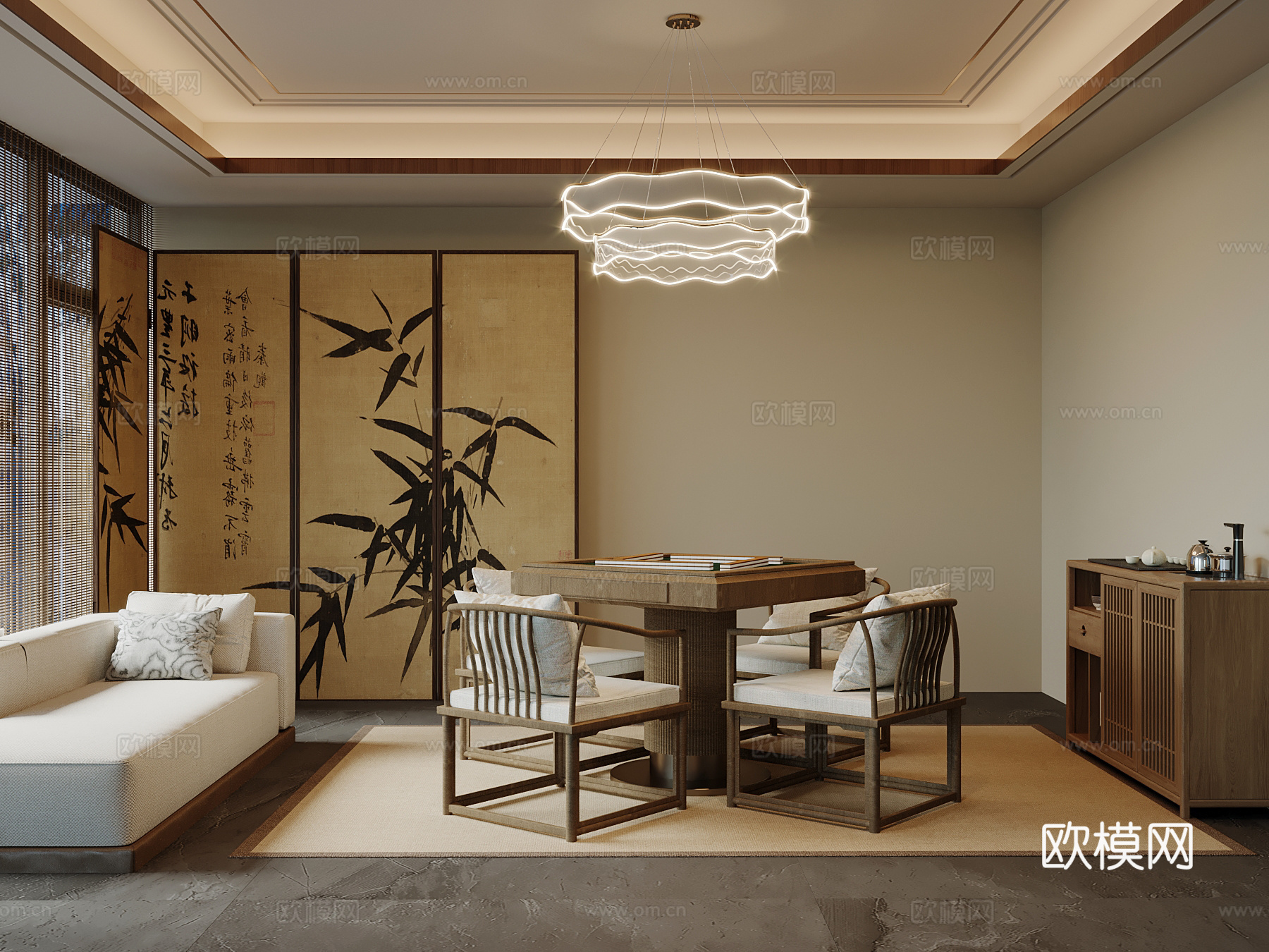 新中式棋牌室 麻将室 麻将桌su模型