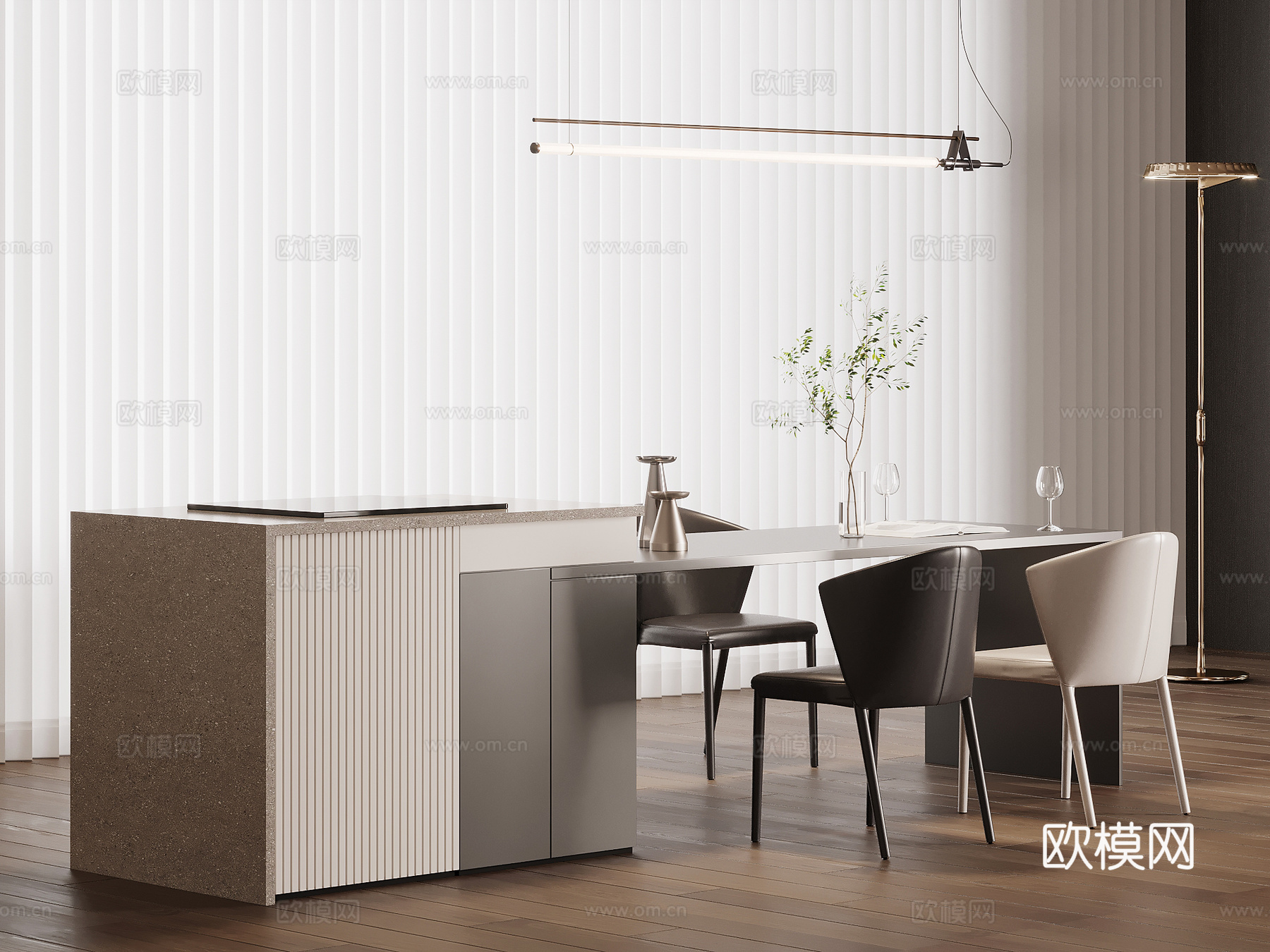 现代意式岛台 餐桌椅su模型