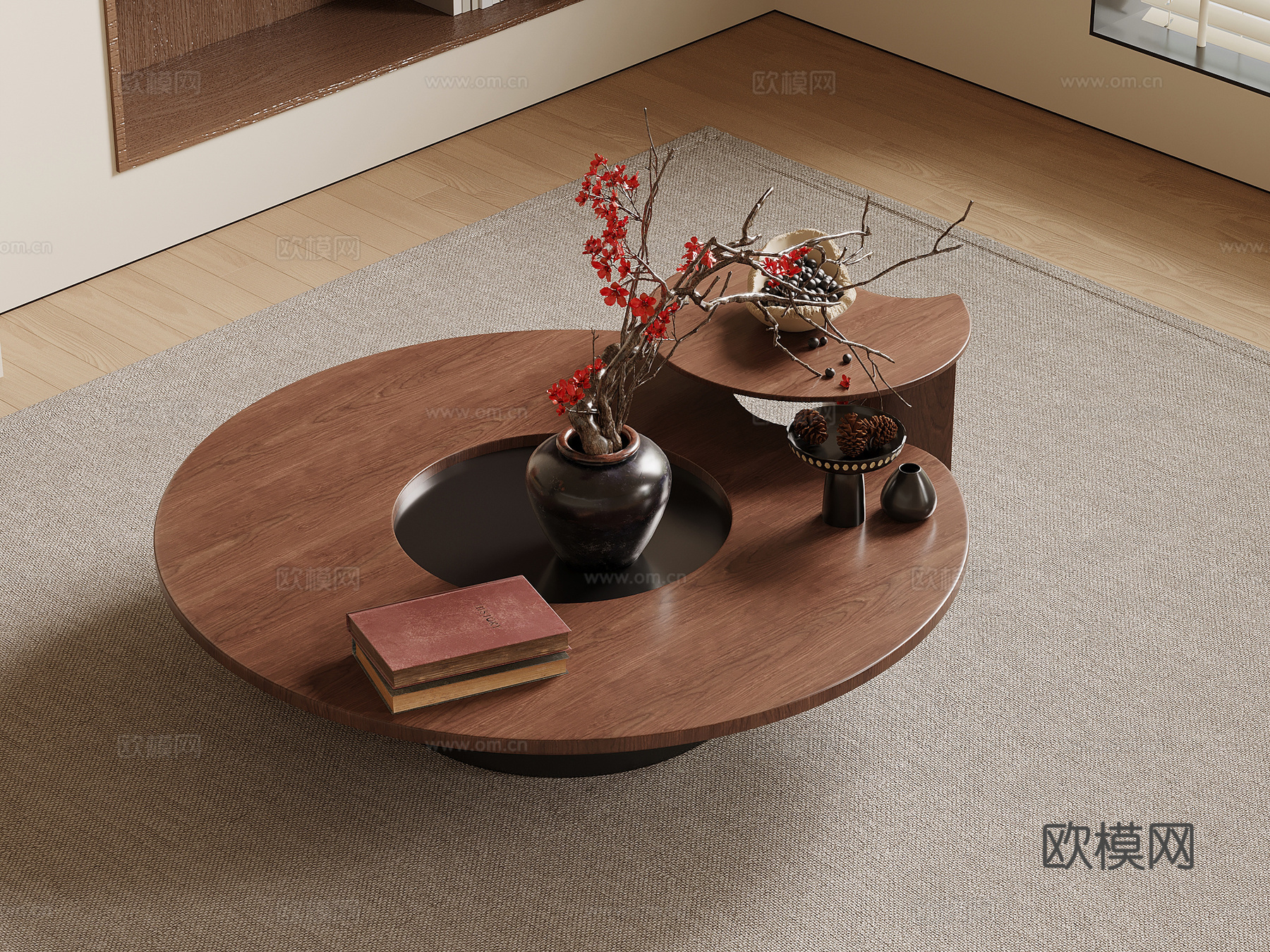 中古风茶几 实木茶几 子母几su模型