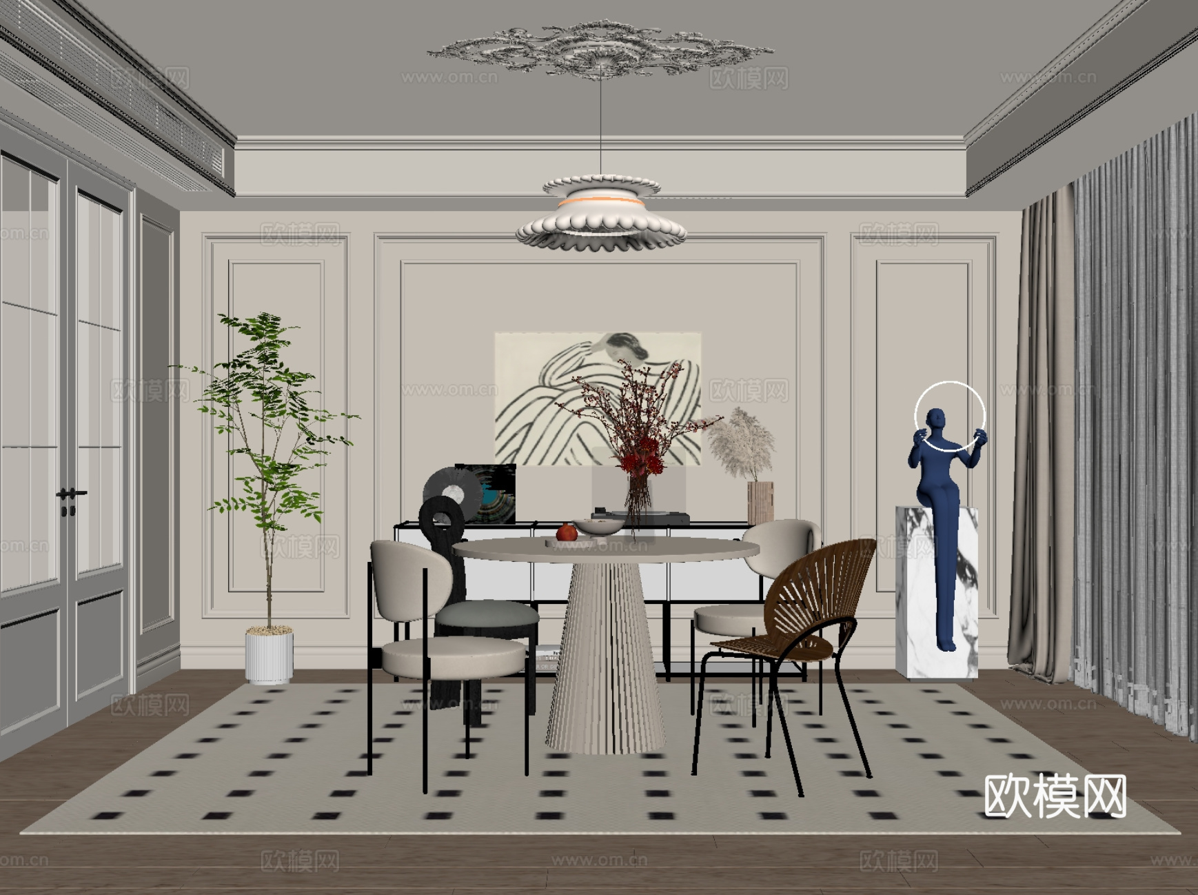 法式奶油风餐厅 餐桌椅su模型