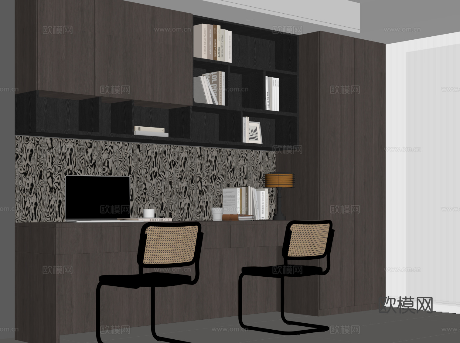 现代意式书房 写字房 书柜 书桌椅su模型