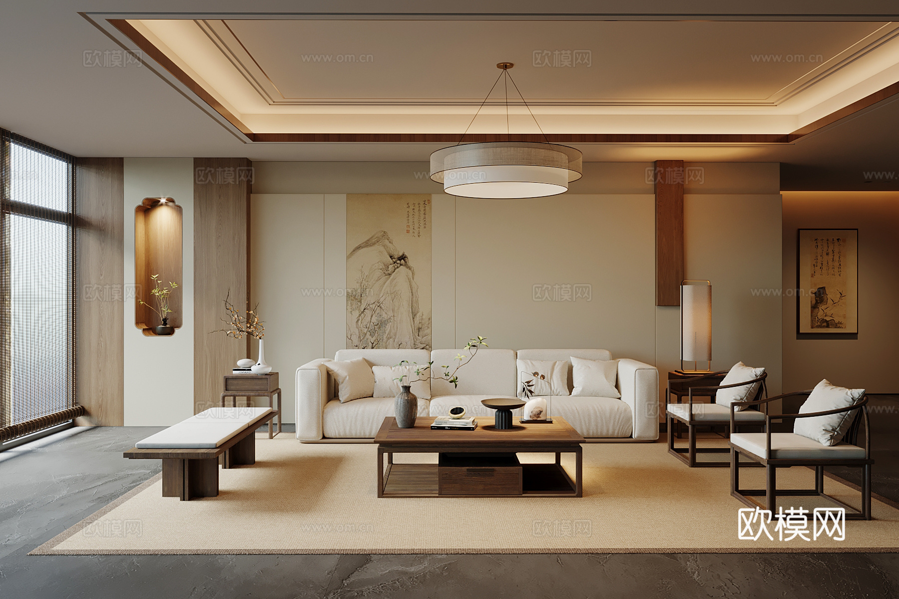 新中式客厅 沙发侘寂组合su模型