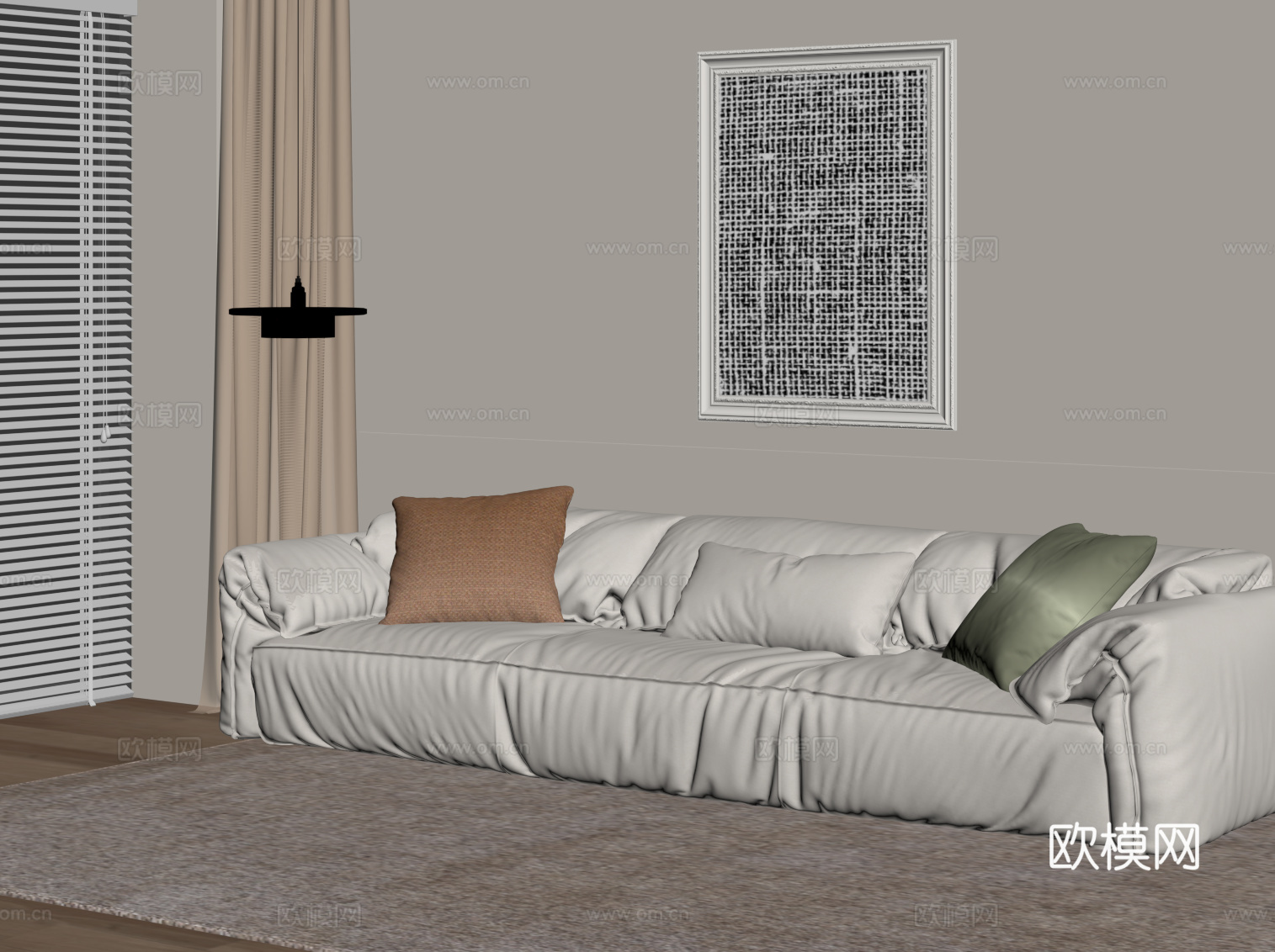 现代奶油风多人沙发 直排沙发 布艺沙发su模型