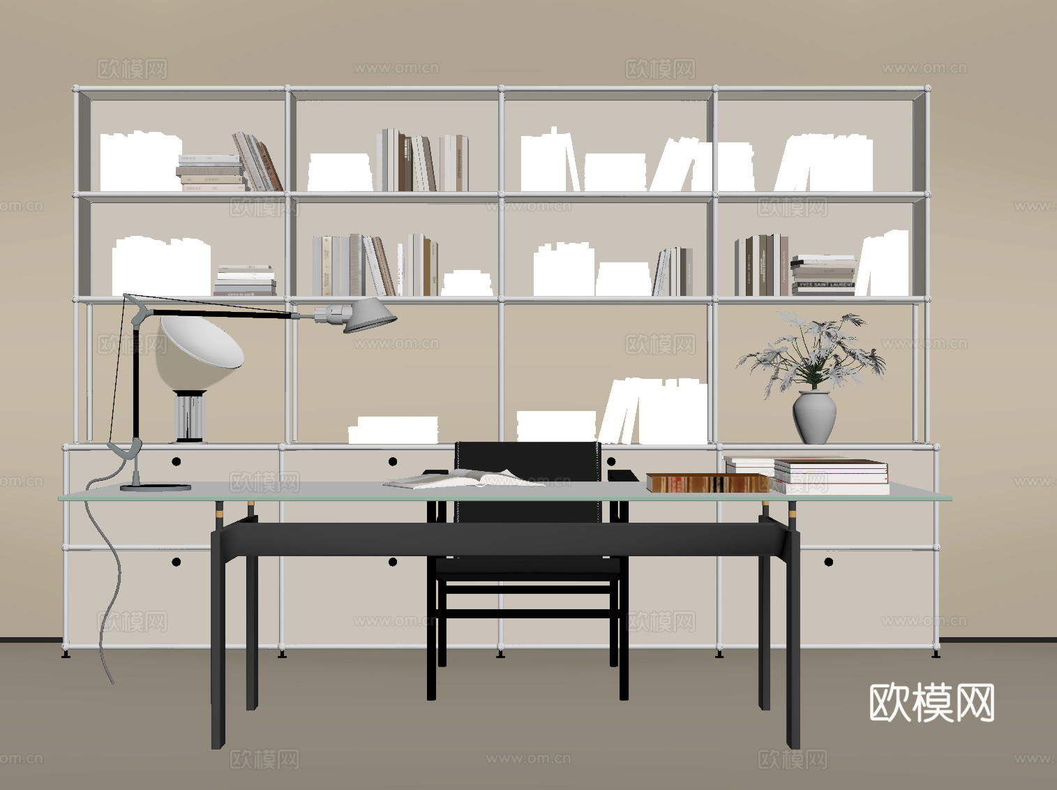 中古风书柜 书桌椅su模型