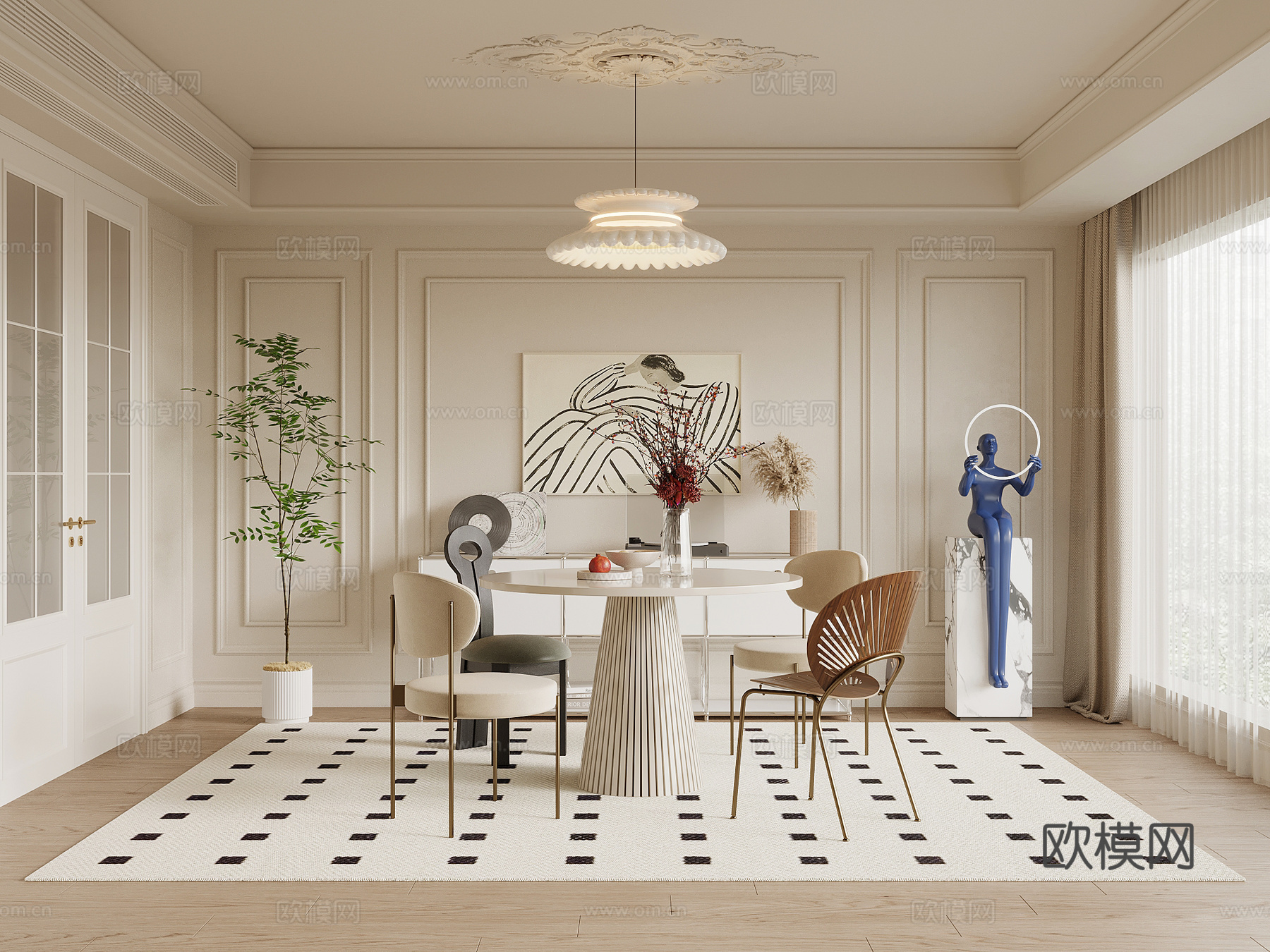 法式奶油风餐厅 餐桌椅su模型