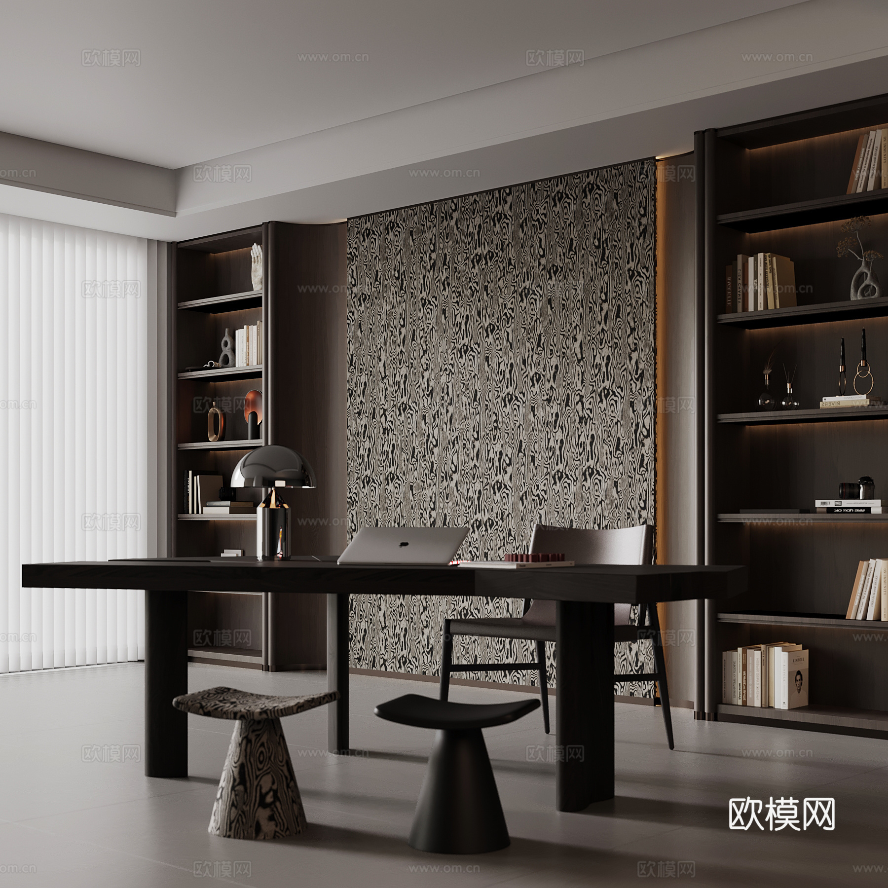 现代意式书房 书柜 书桌椅su模型