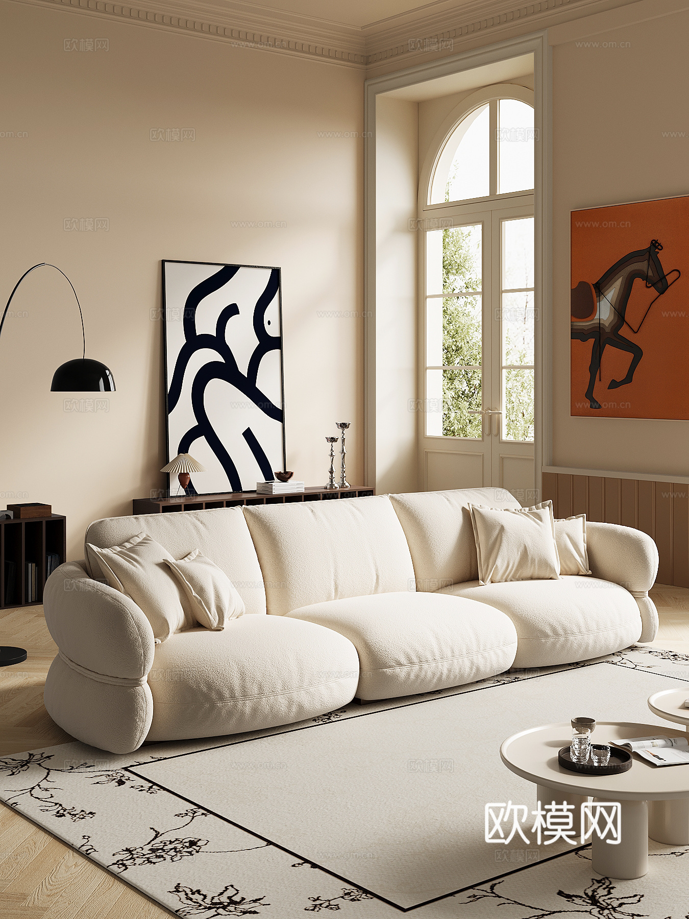 法式奶油风多人沙发 直排沙发su模型