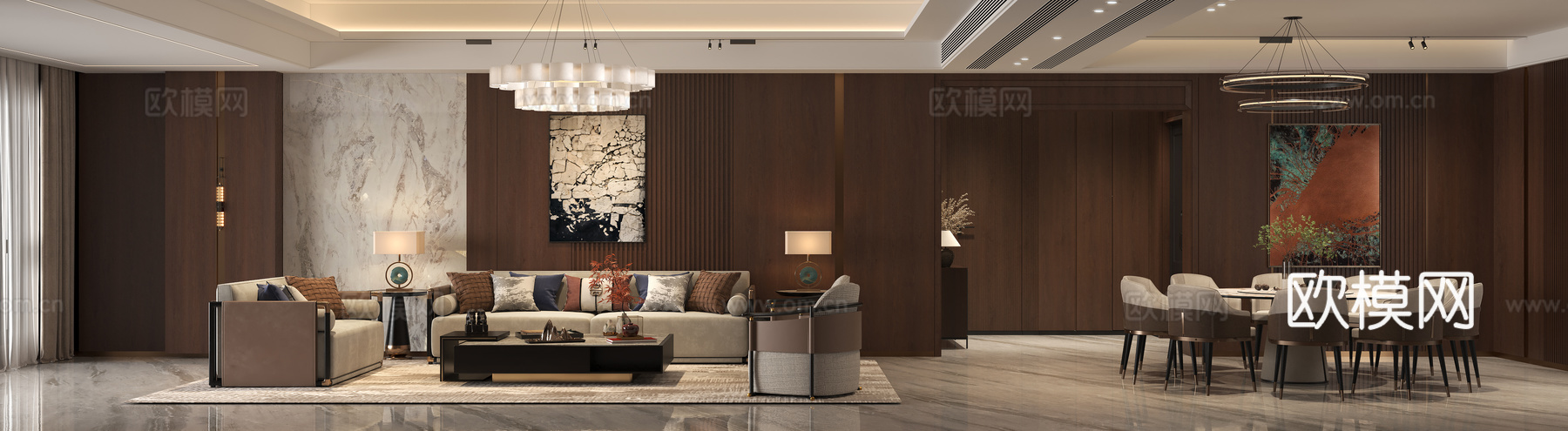 新中式客餐厅 老钱风客餐厅 意式客餐厅 客餐厅木纹墙板 意式3d模型下载（渲染图1）