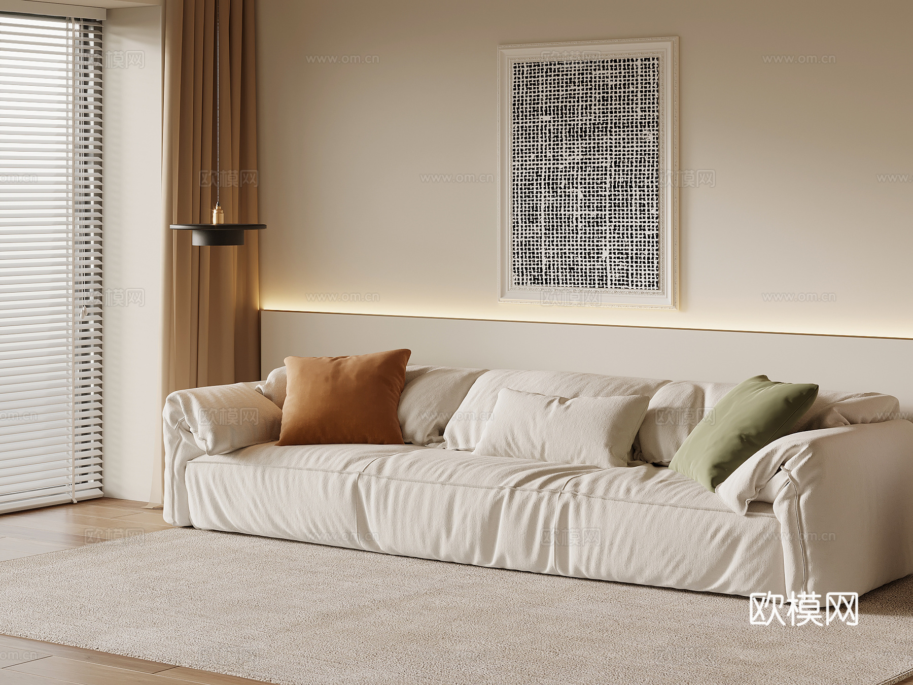 现代奶油风多人沙发 直排沙发 布艺沙发su模型