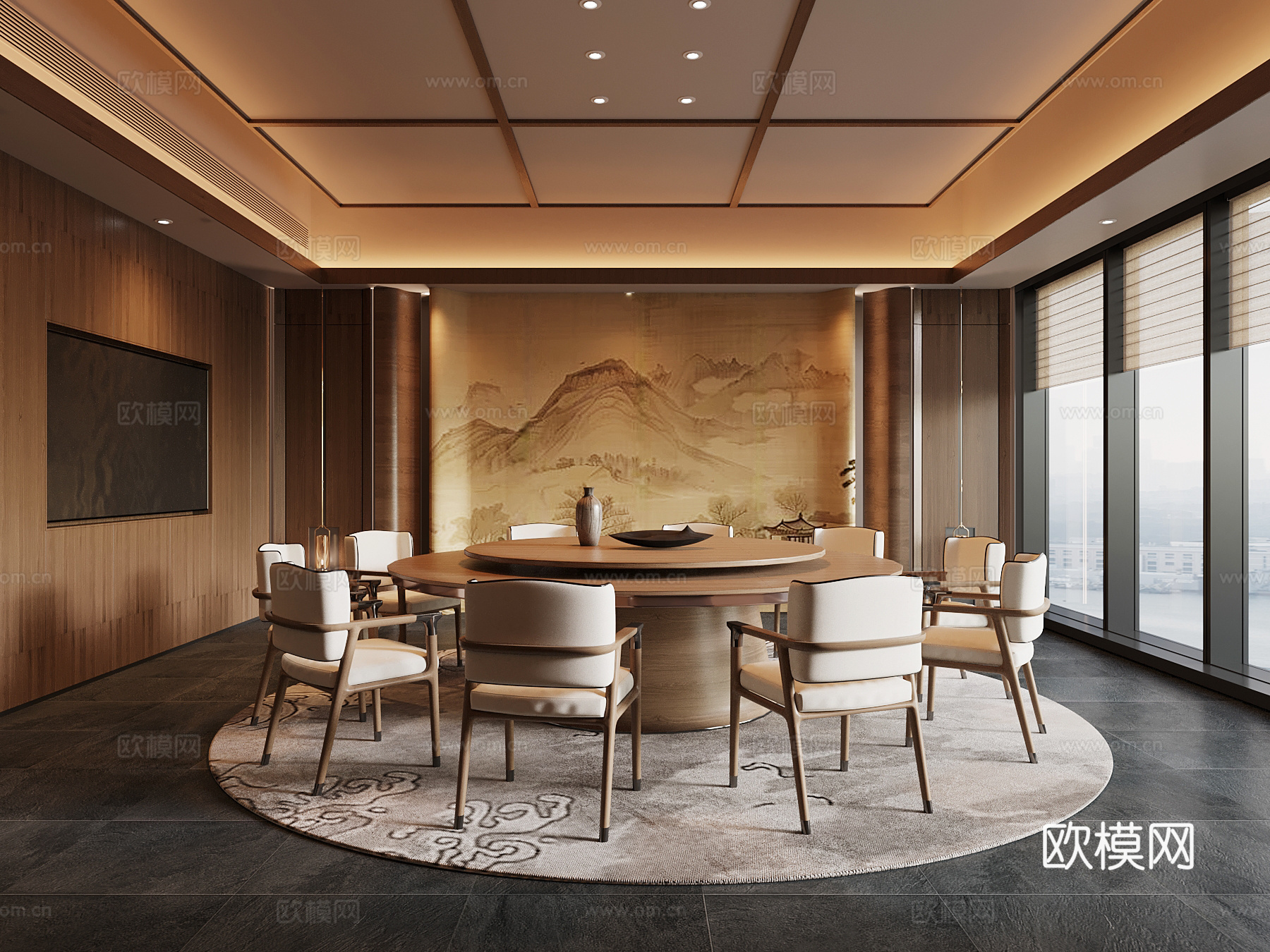 新中式包厢 包间 餐桌椅su模型