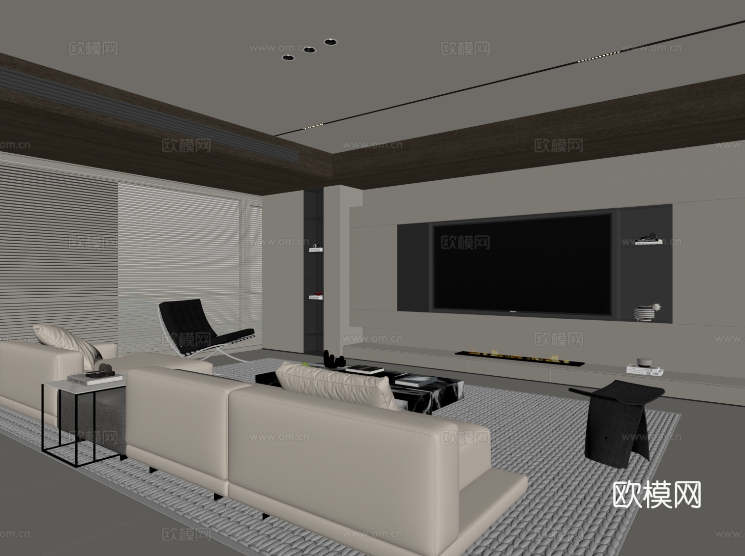 现代客厅 电视背景墙 沙发茶几su模型