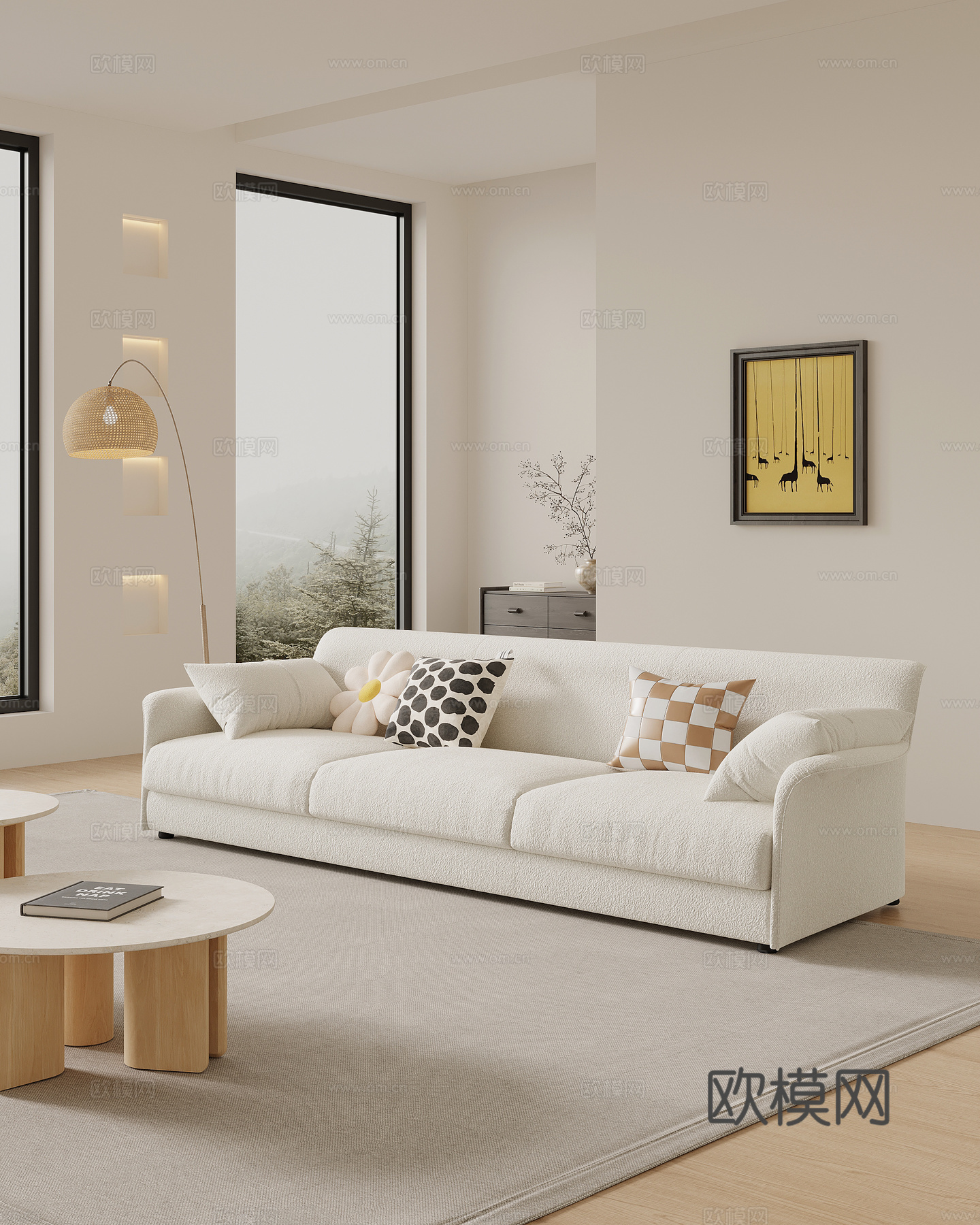 现代奶油风多人沙发 直排沙发su模型