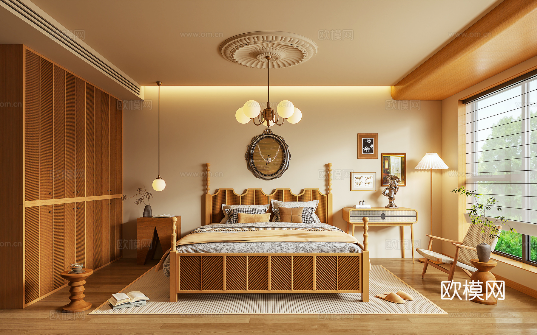 卧室 双人床 休闲椅 梳妆台 吊灯 摆件3d模型下载