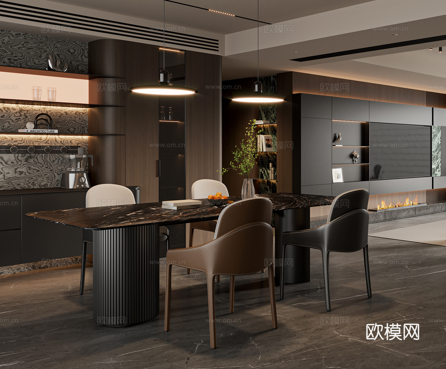 现代简约餐桌椅组合 餐边柜 餐桌 餐椅 吊灯3d模型下载