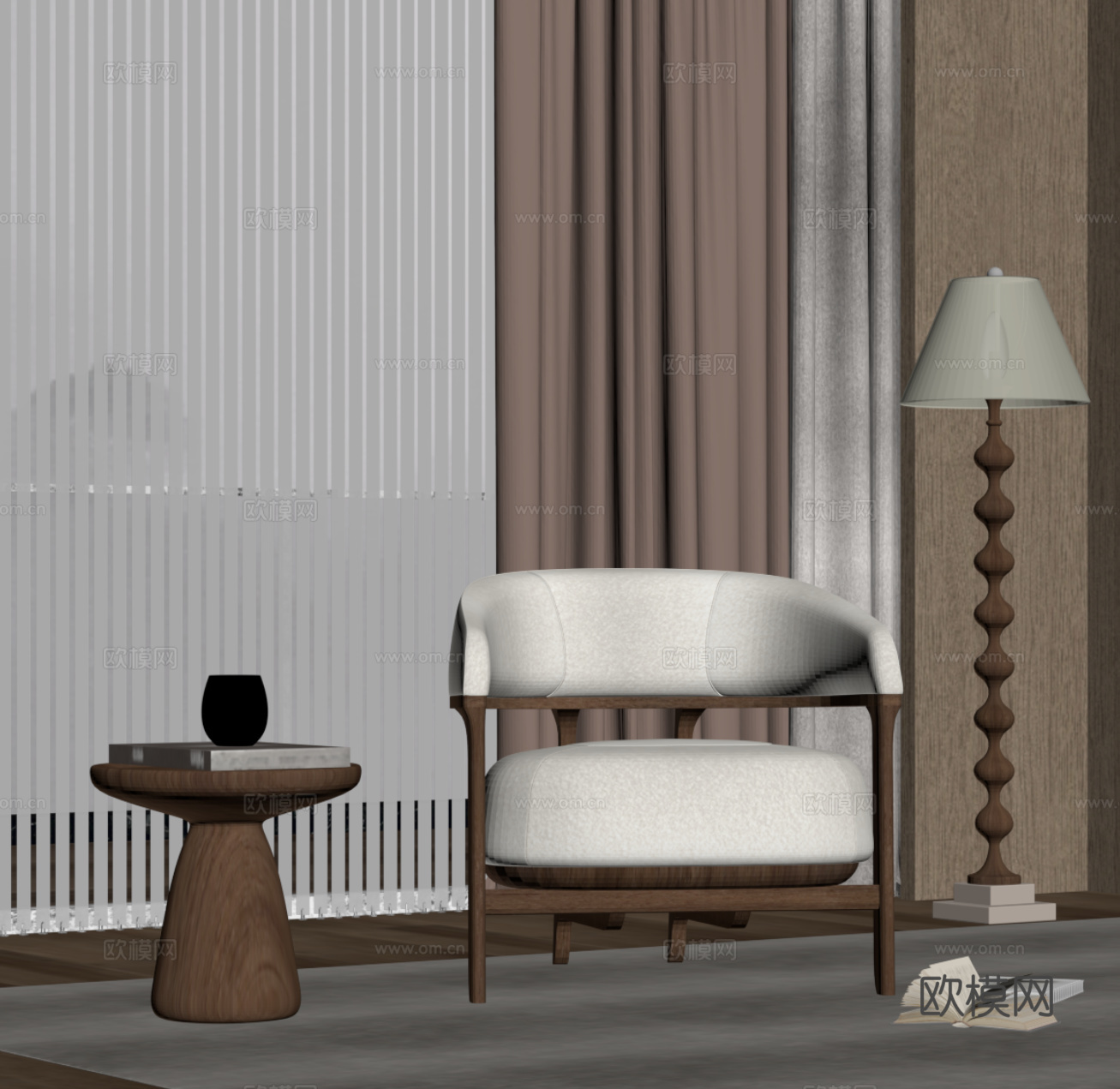 中古风休闲椅 边几 落地灯su模型