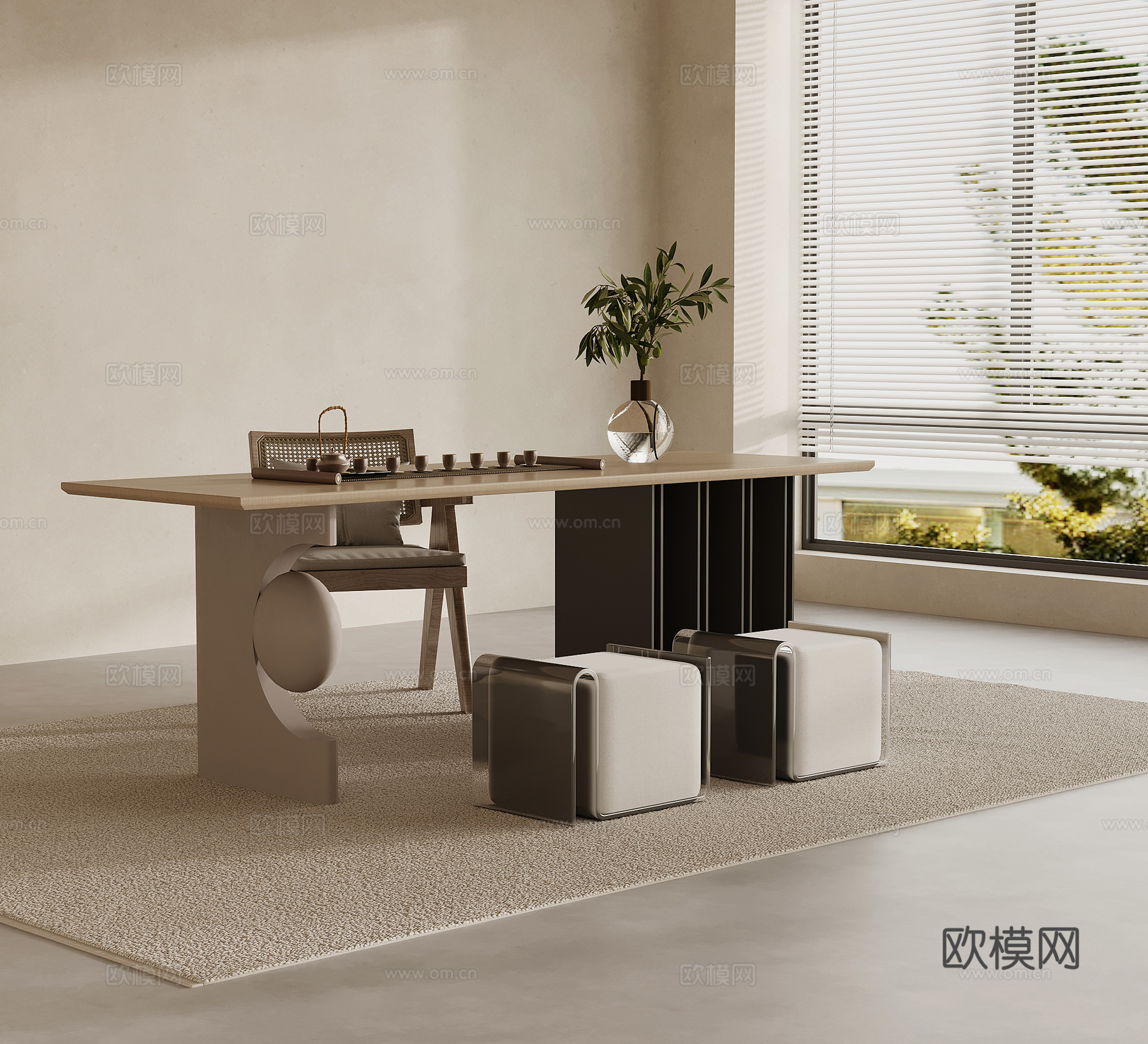 侘寂风茶桌椅 茶台su模型