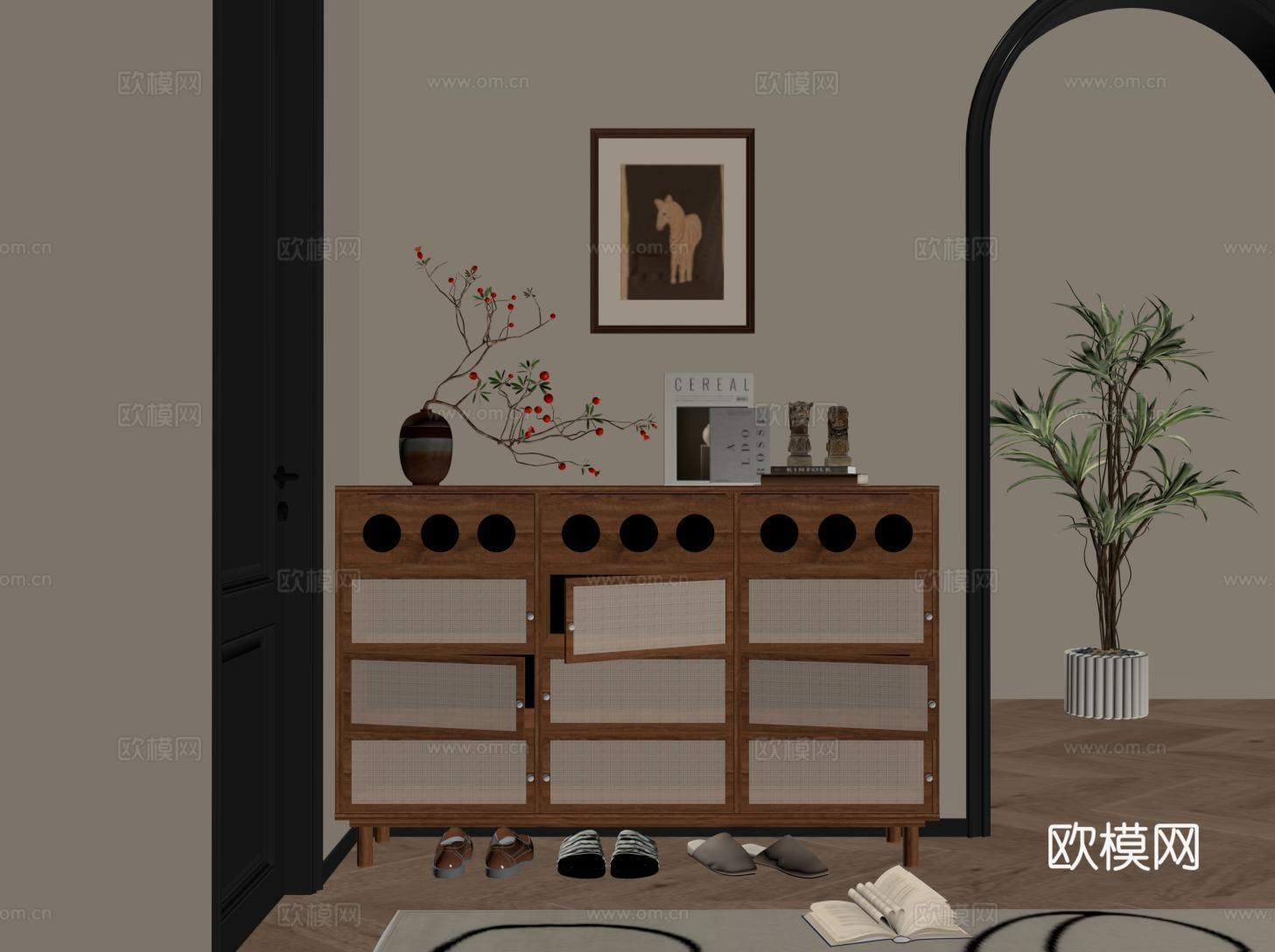 中古侘寂矮鞋柜 藤编鞋柜su模型