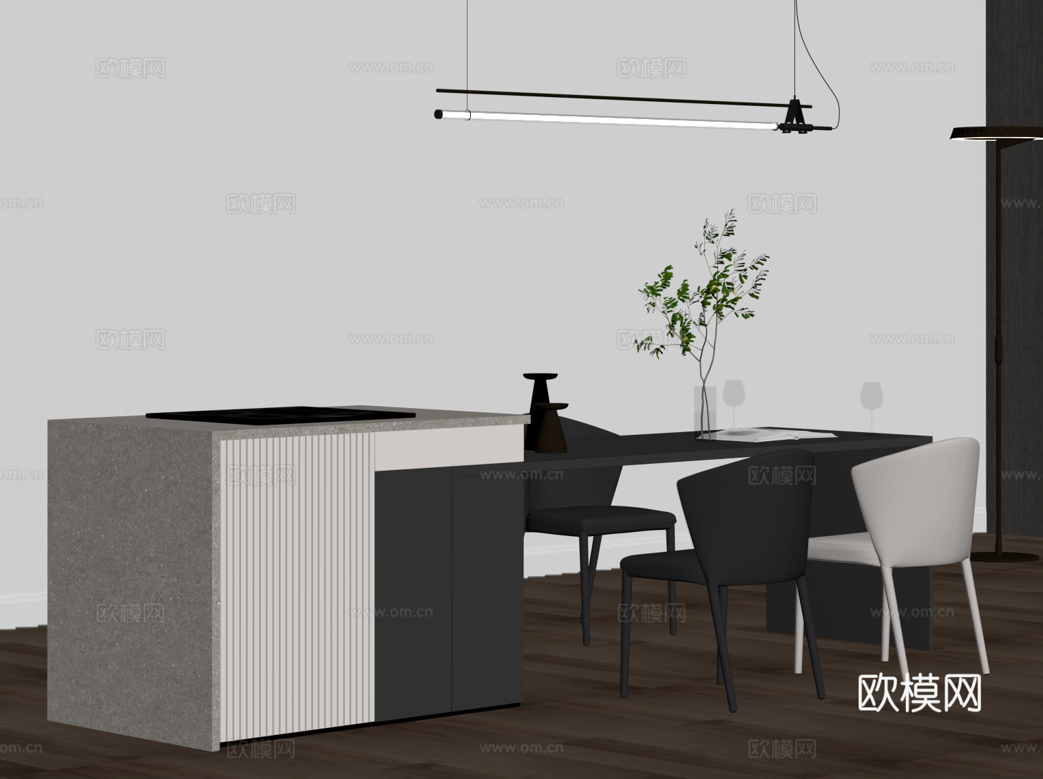 现代意式岛台 餐桌椅su模型