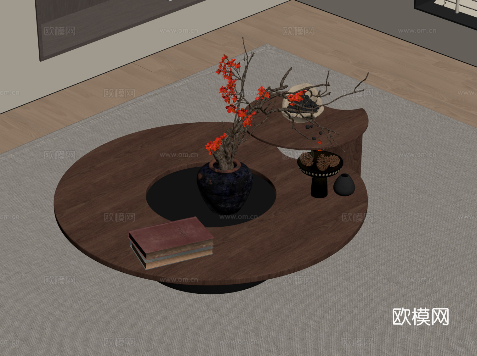 中古风茶几 实木茶几 子母几su模型