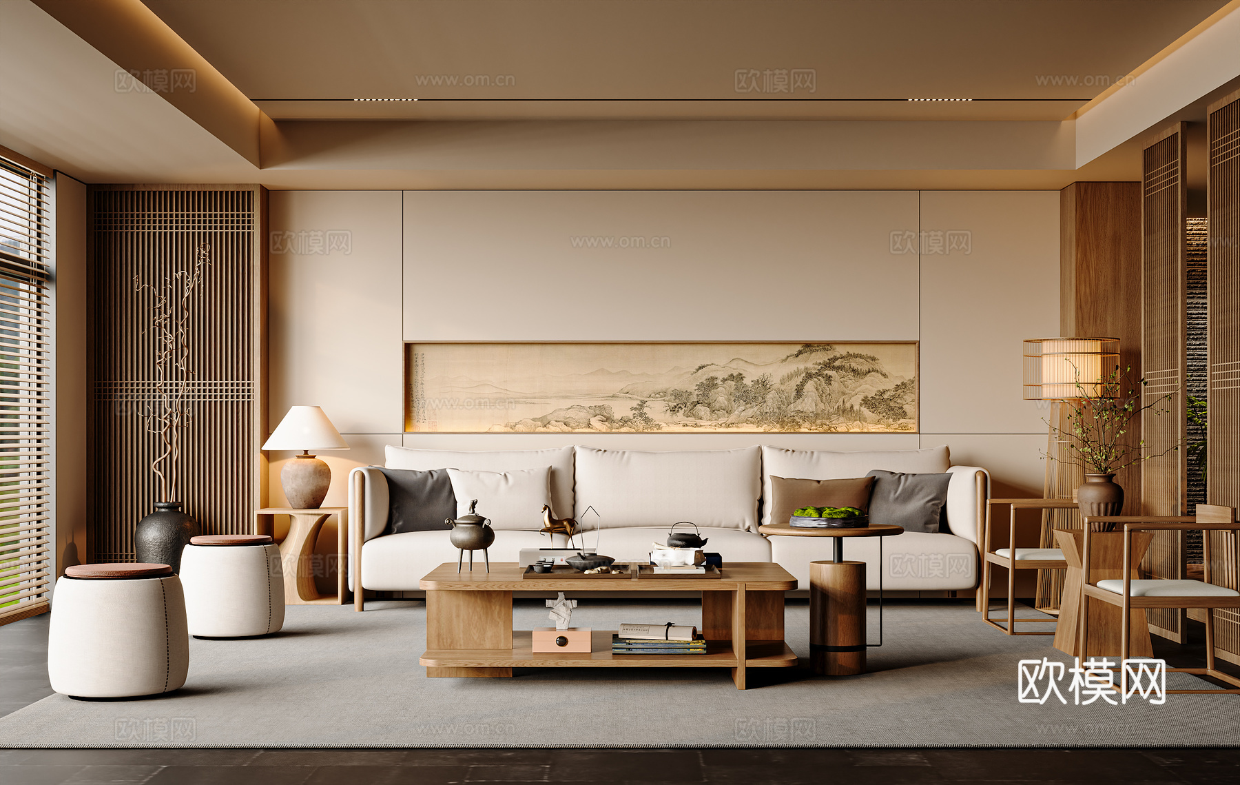 中式客厅 沙发茶几组合 中式茶具 台灯落地灯3d模型下载（渲染图1）