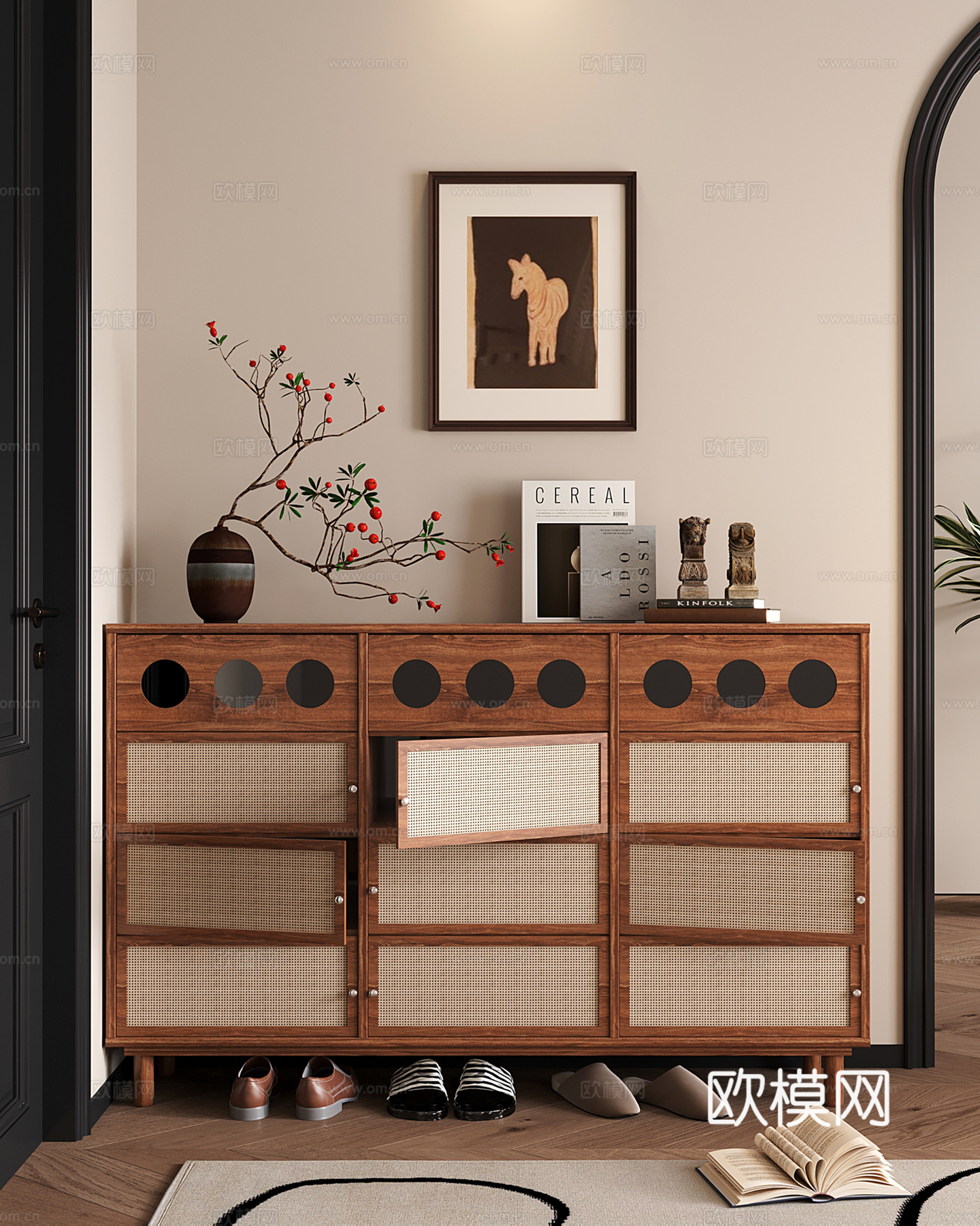 中古侘寂矮鞋柜 藤编鞋柜su模型