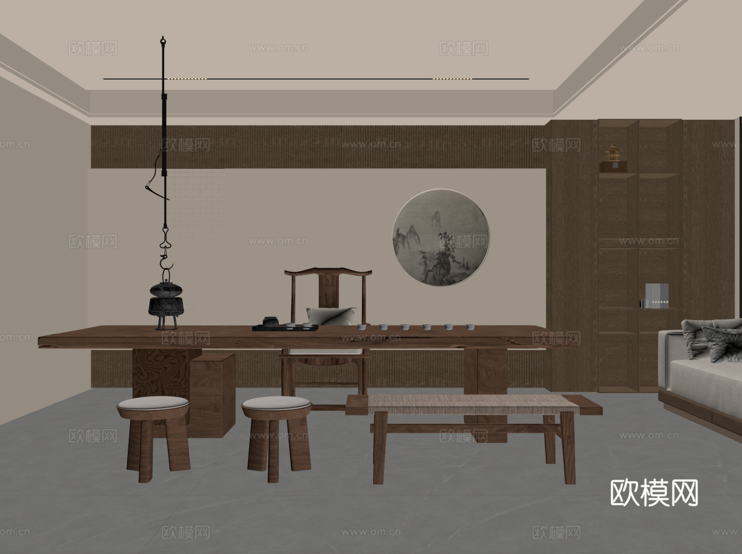 新中式茶室 茶桌椅 茶叶柜su模型