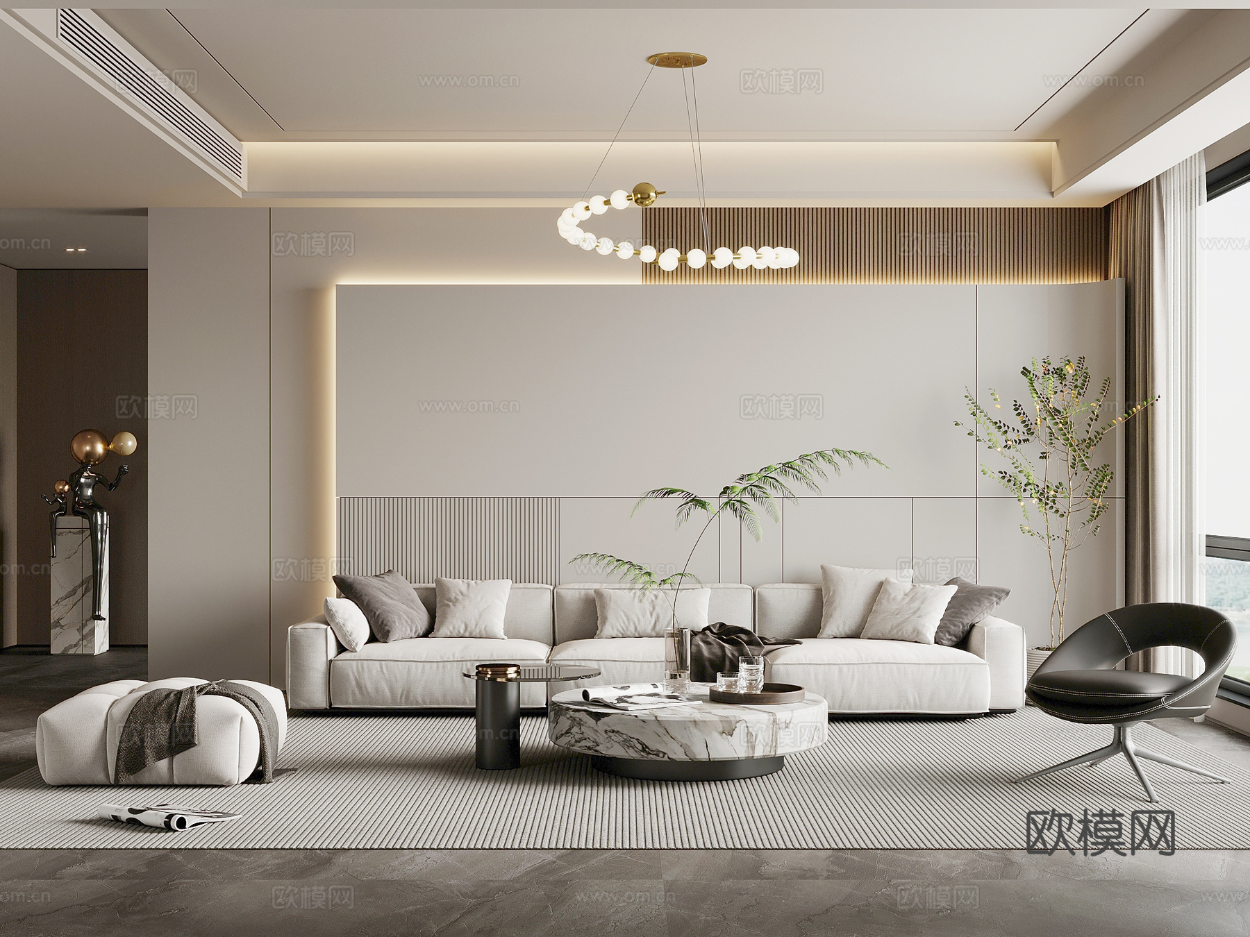 现代简约客厅 沙发背景墙 沙发茶几组合su模型