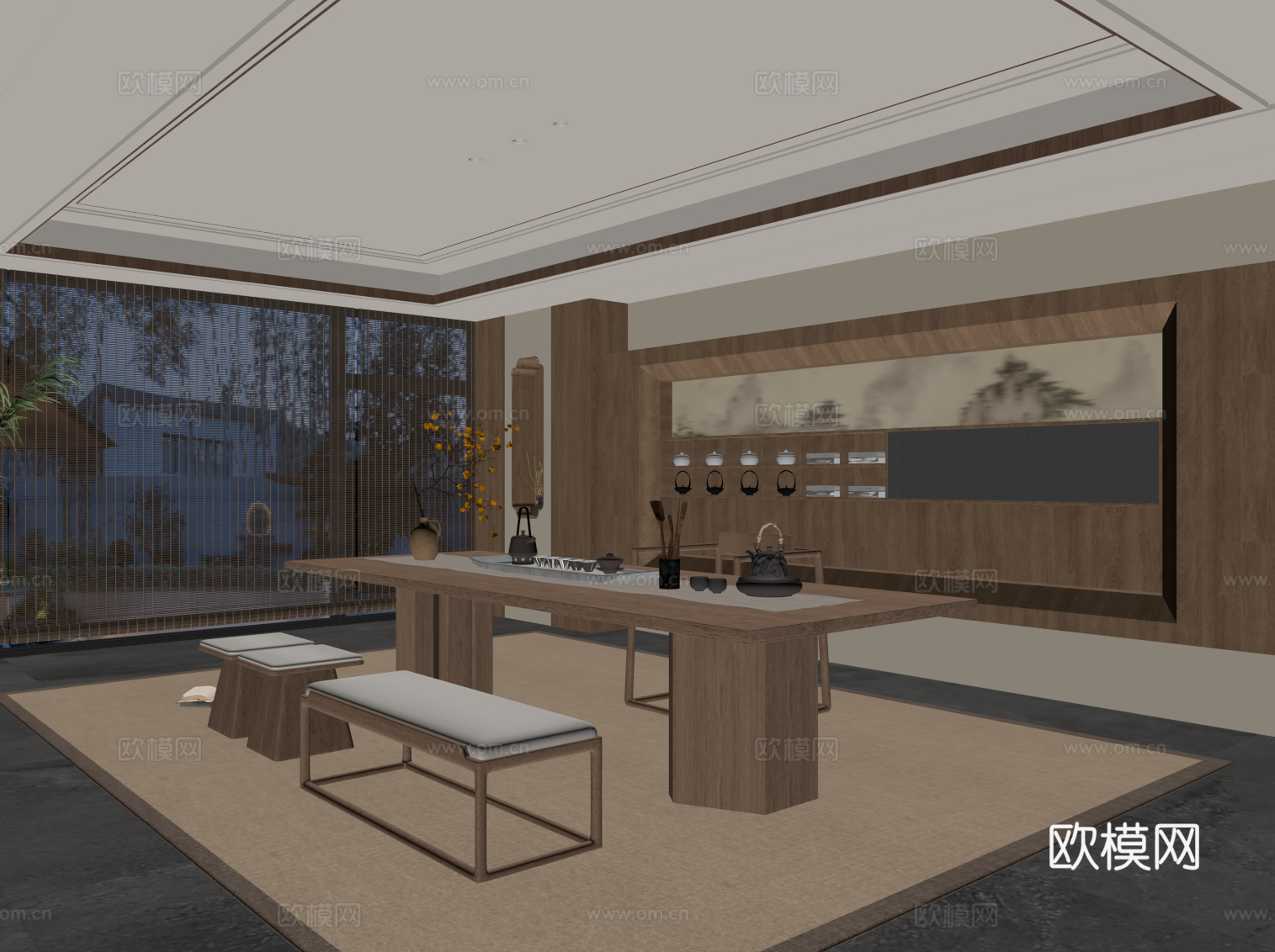 新中式茶室 茶台 茶桌椅su模型