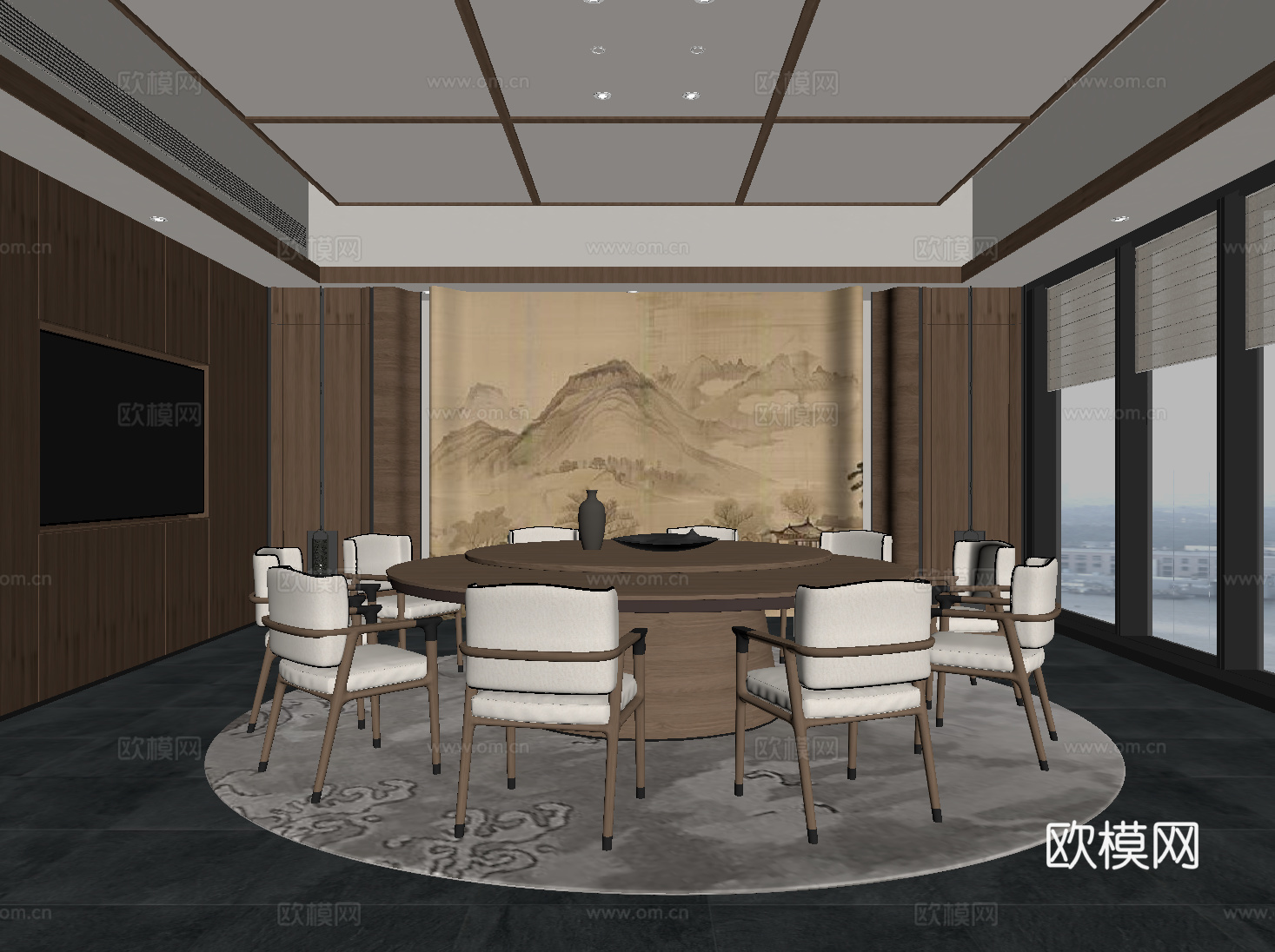 新中式包厢 包间 餐桌椅su模型