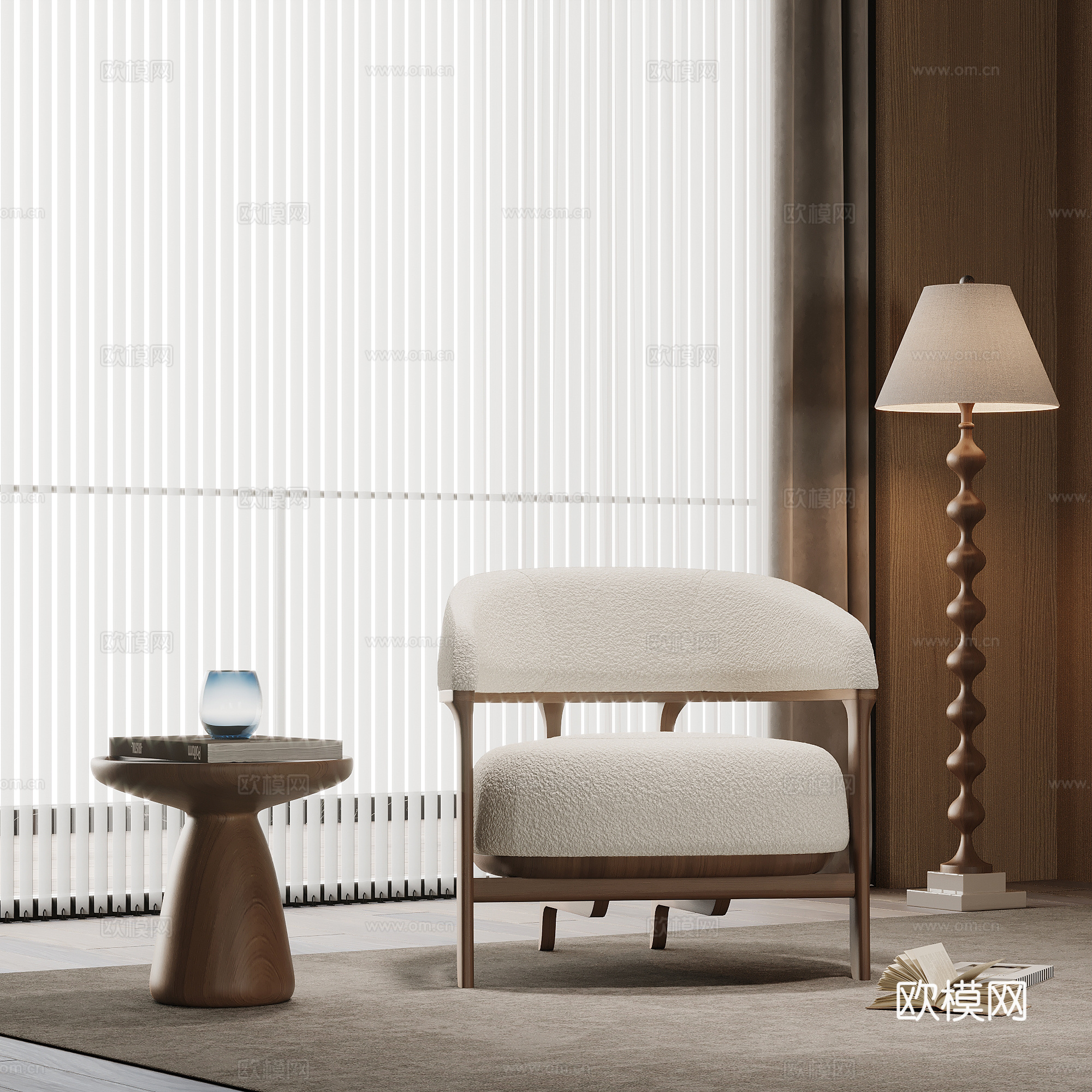 中古风休闲椅 边几 落地灯su模型