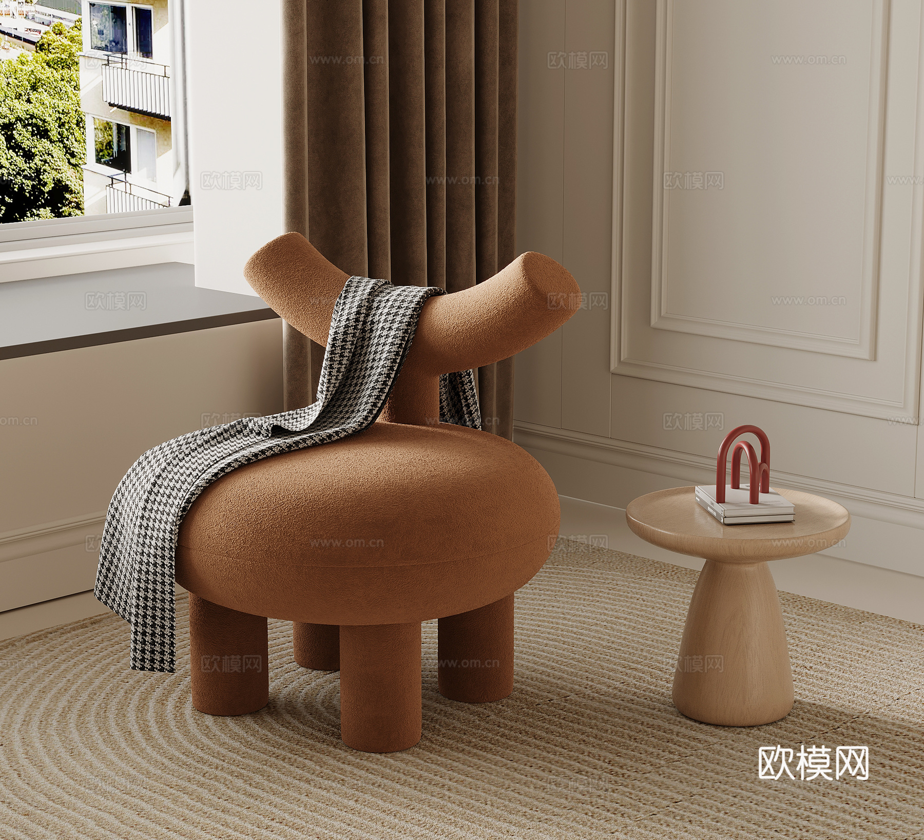 现代奶油风单人沙发 休闲沙发 边几su模型