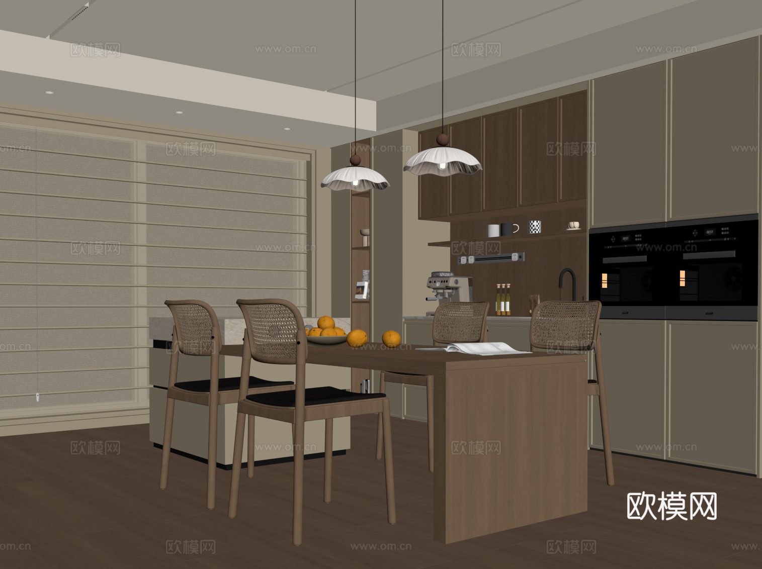 现代餐厅 酒柜 餐桌椅 岛台su模型