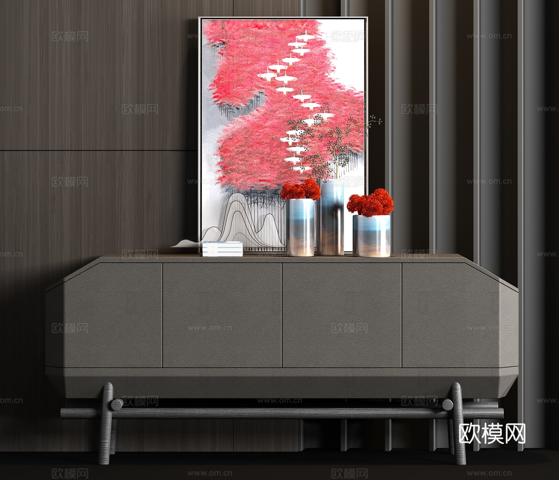 新中式皮革端景柜饰品组合3d模型下载