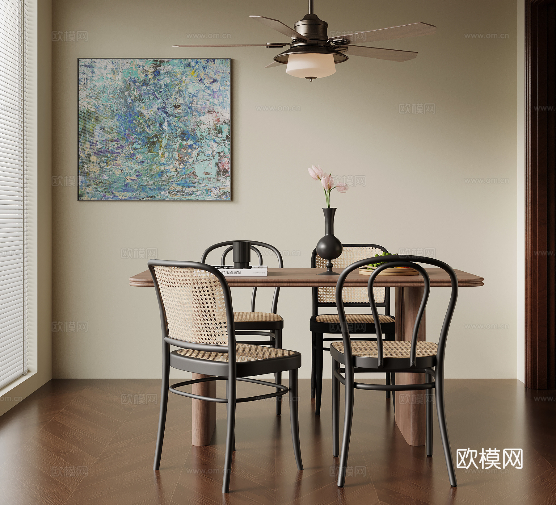 中古风餐桌椅su模型下载（渲染图1）