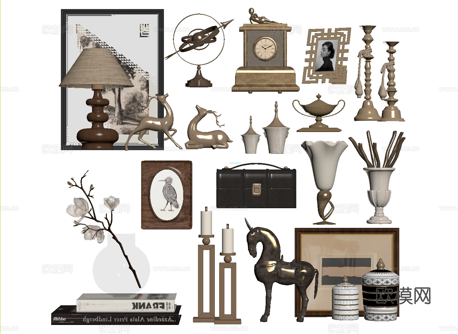 法式复古饰品摆件 花艺 雕塑 装饰画 烛台su模型