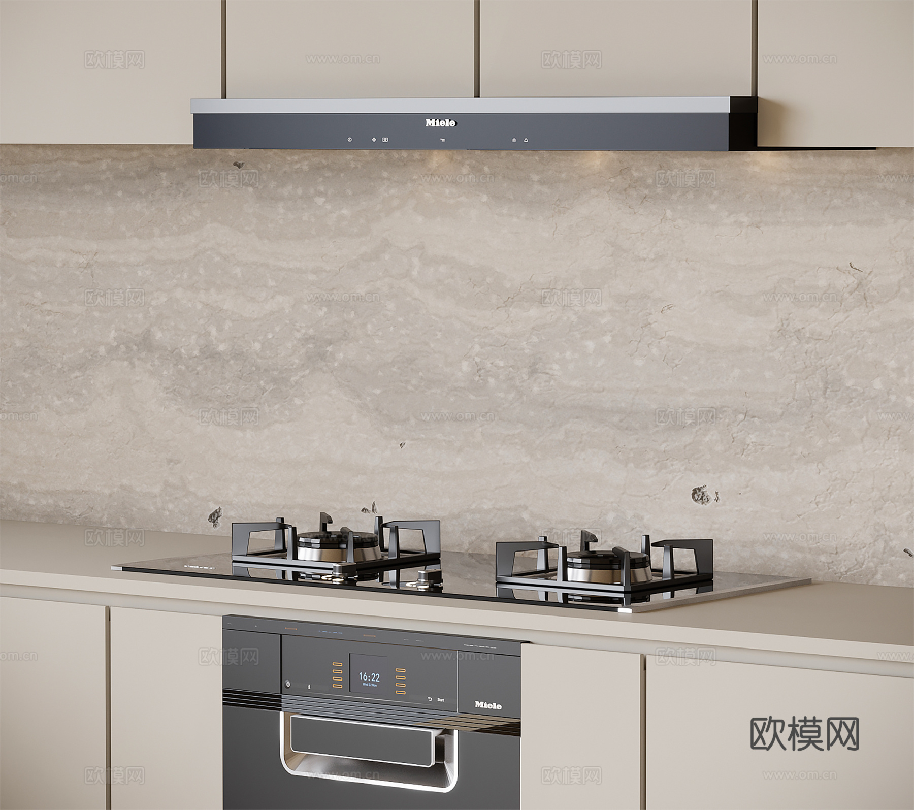 现代灶台 燃气灶 油烟机su模型