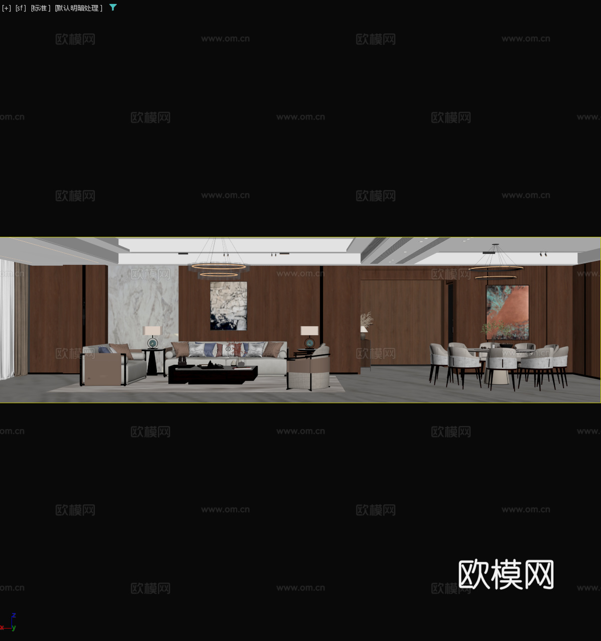 新中式客餐厅 老钱风客餐厅 意式客餐厅 客餐厅木纹墙板 意式3d模型下载（渲染图2）