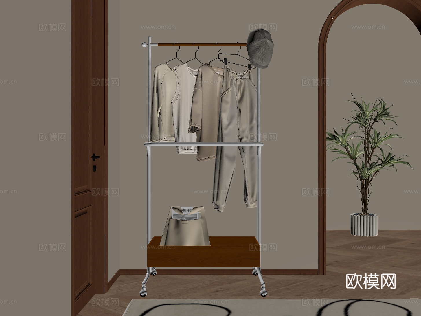 现代中古衣架 挂衣架 衣帽架 落地衣架su模型