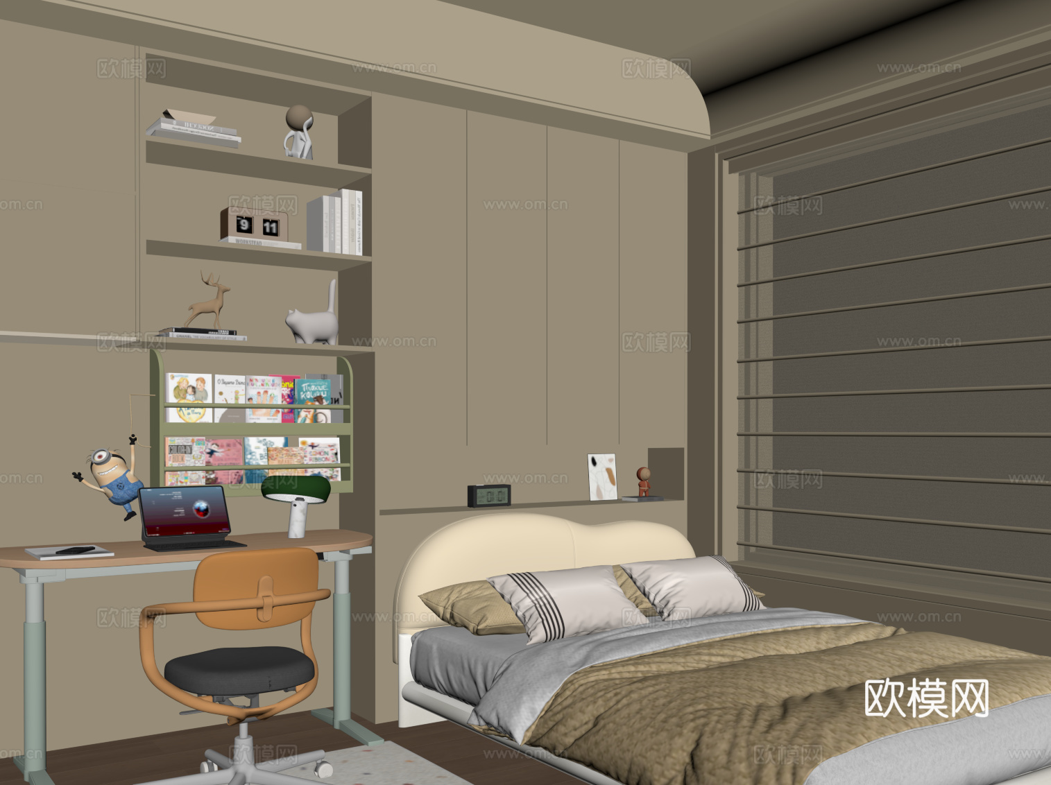 中古风榻榻米卧室 儿童房su模型