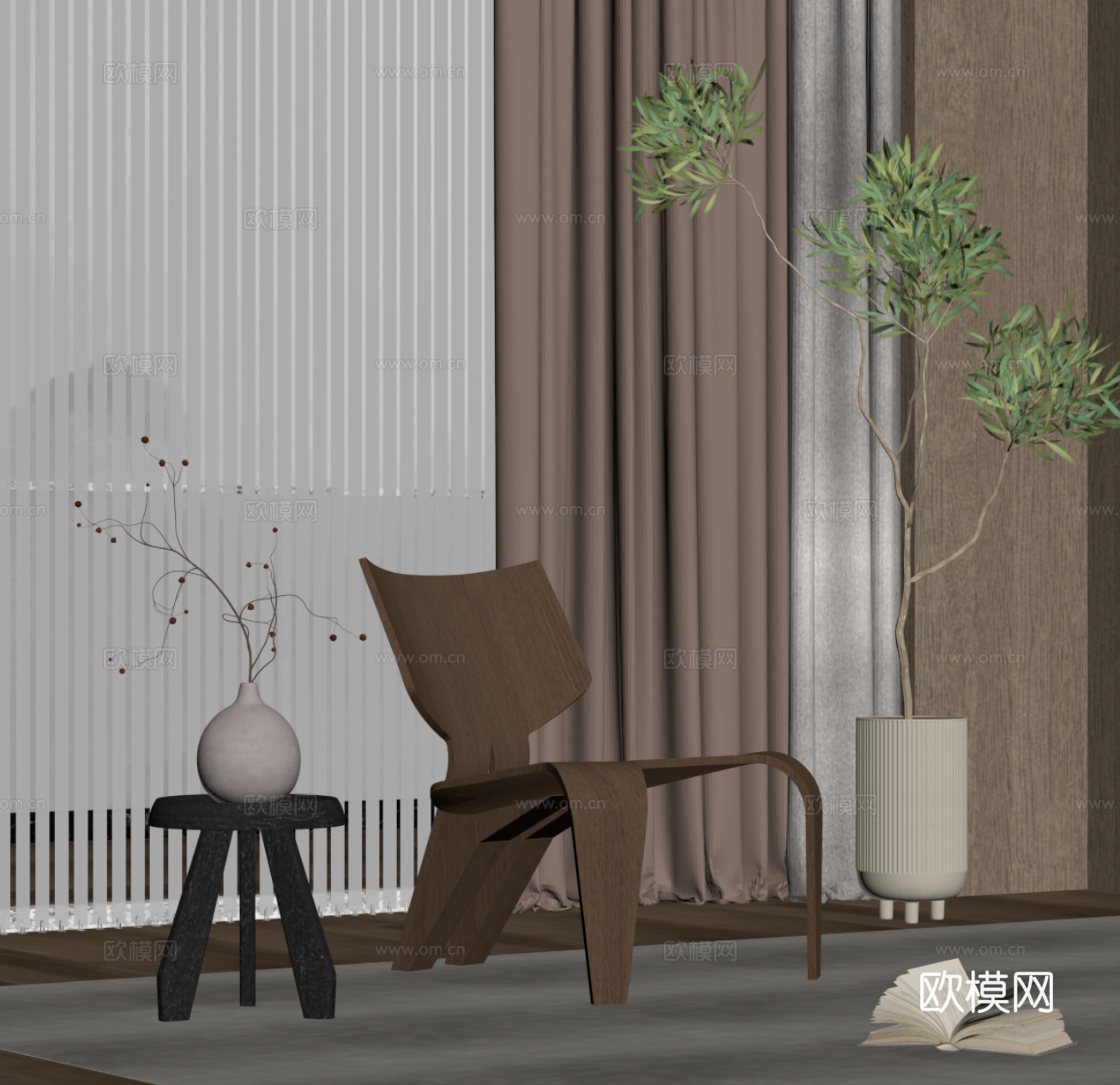 中古风休闲椅 边几 绿植盆栽su模型