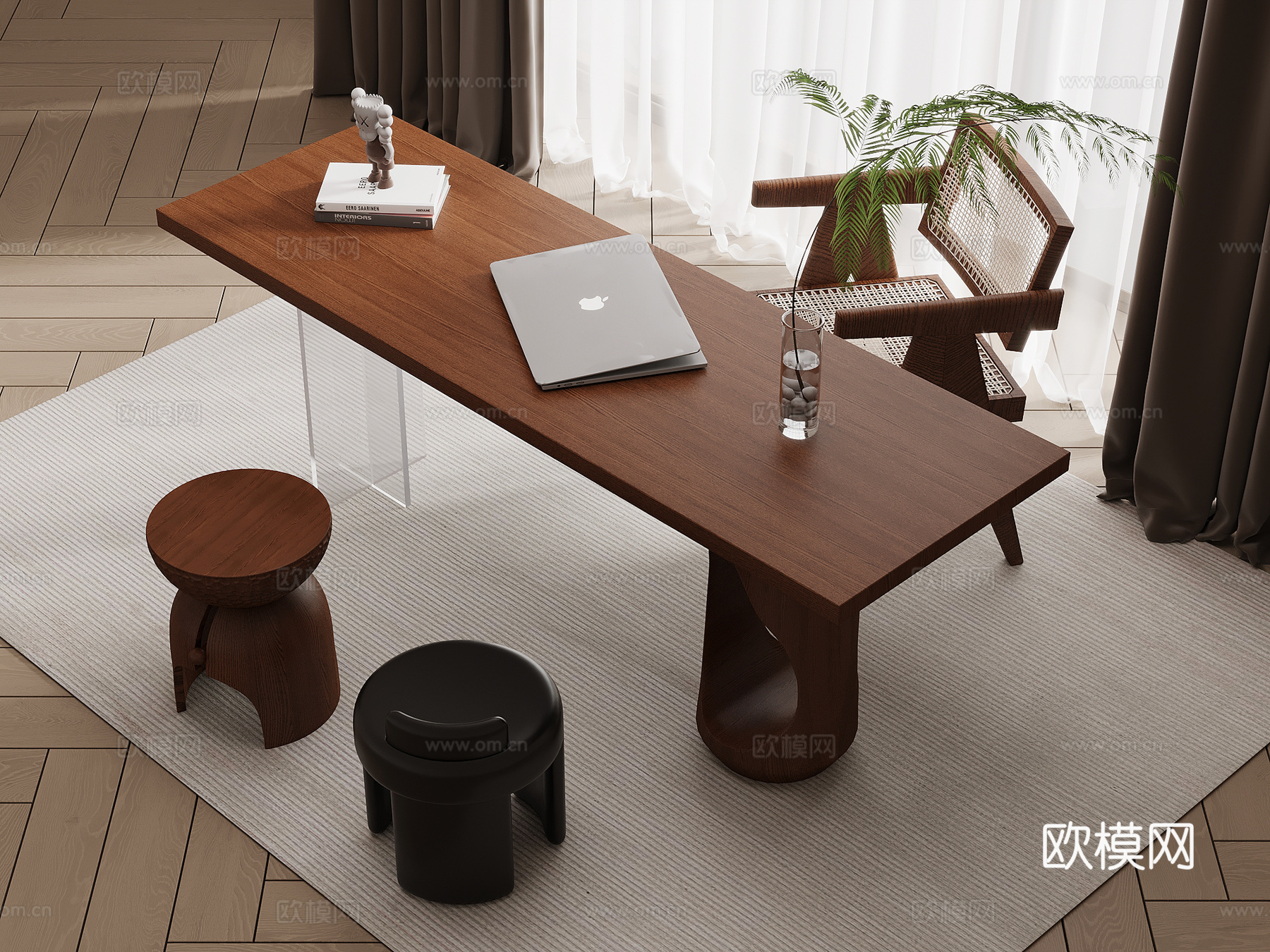 中古风书桌椅 办公桌椅su模型