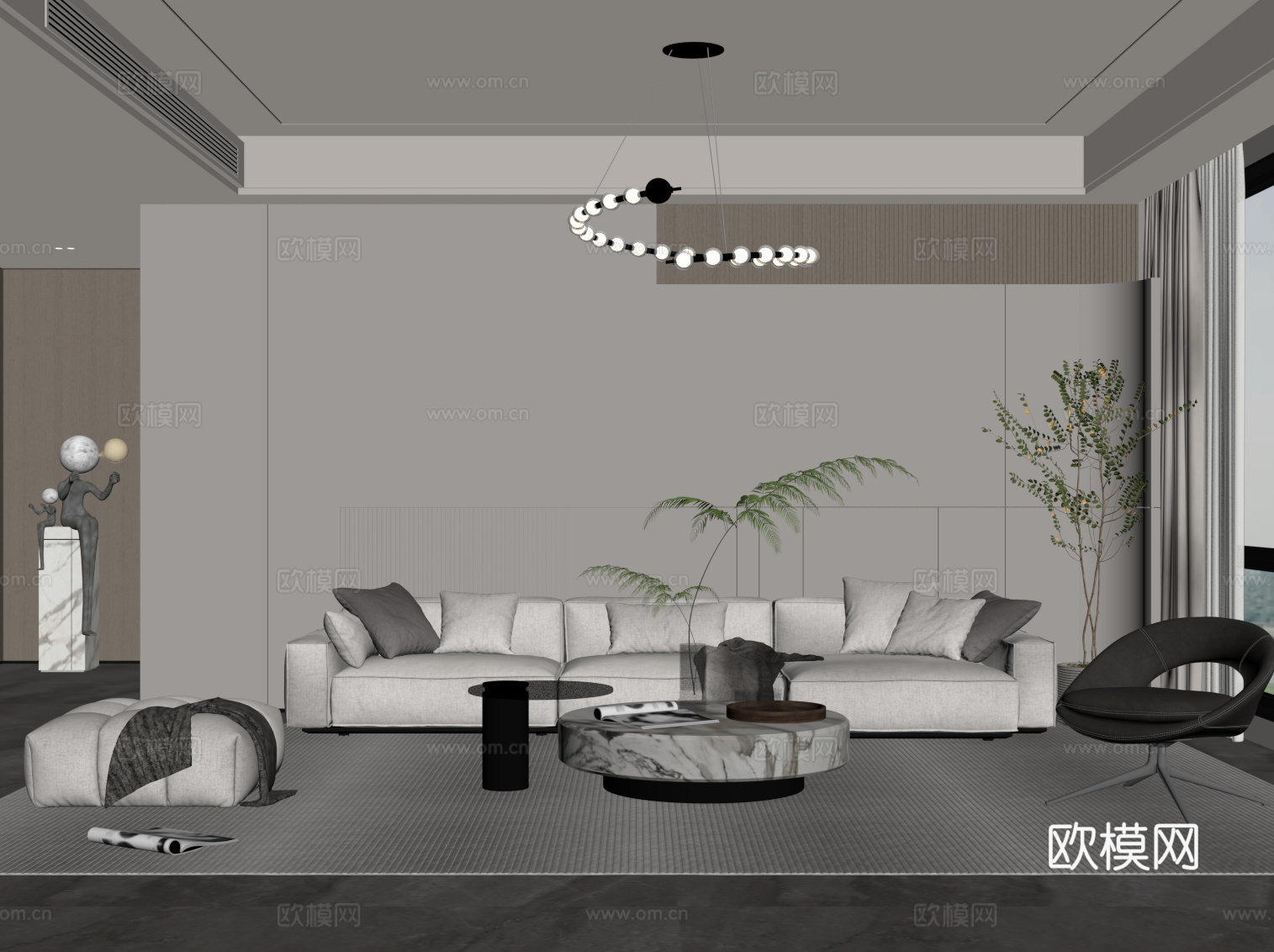 现代简约客厅 沙发背景墙 沙发茶几组合su模型