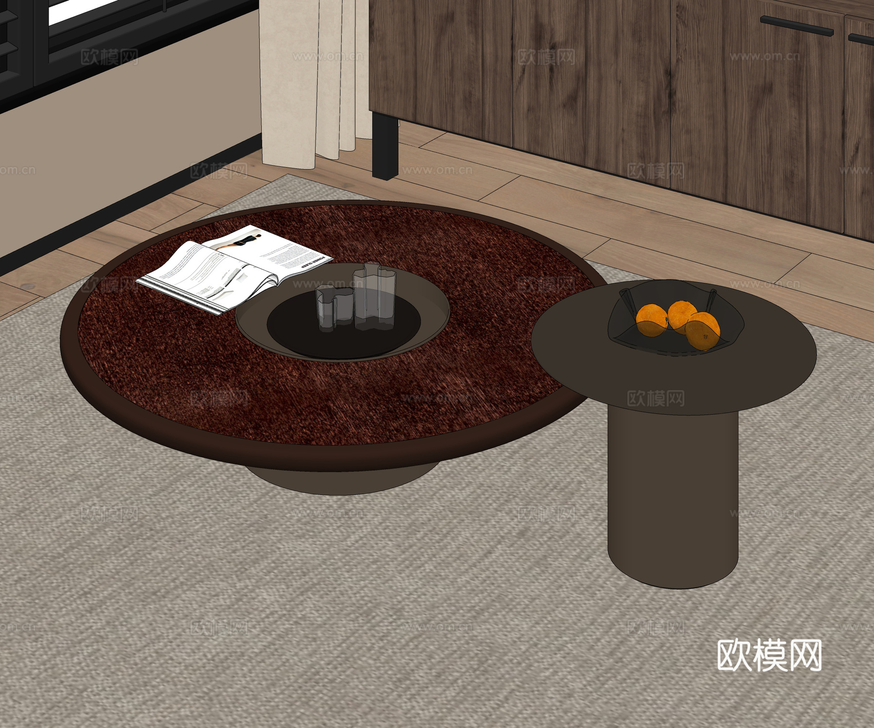 意式轻奢茶几组合 子母茶几 金属茶几 木茶几 圆茶几 饰品摆su模型