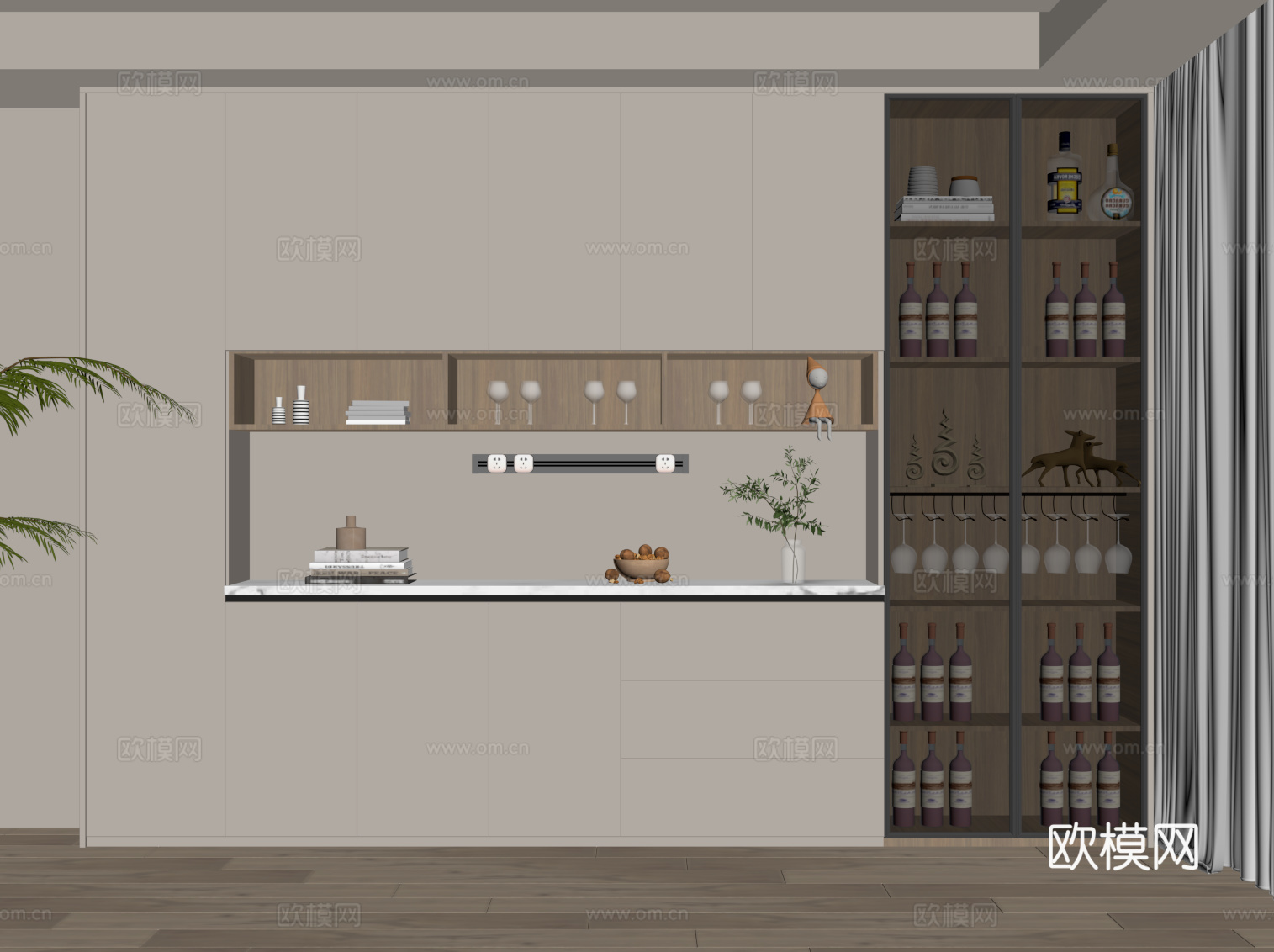现代简约酒柜 餐边柜su模型下载（渲染图2）