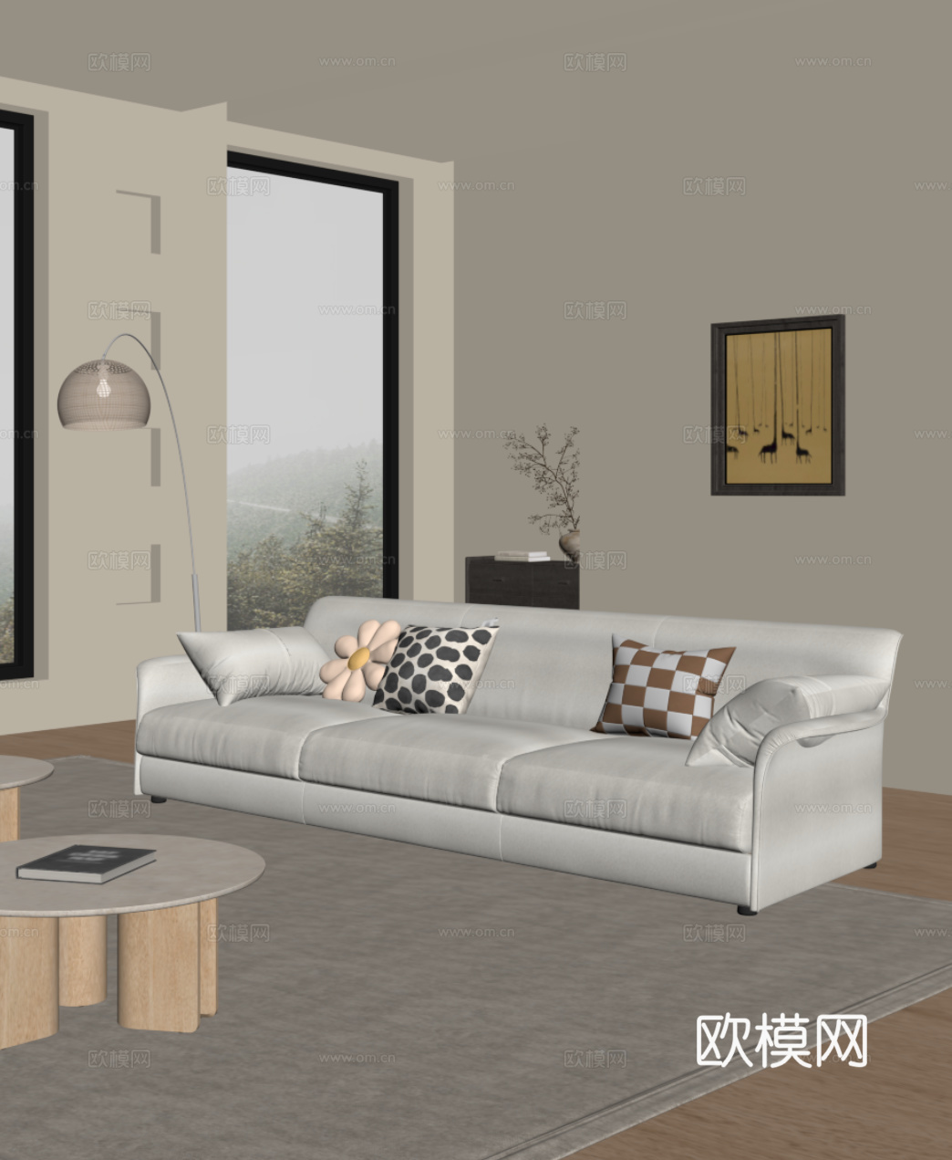 现代奶油风多人沙发 直排沙发su模型