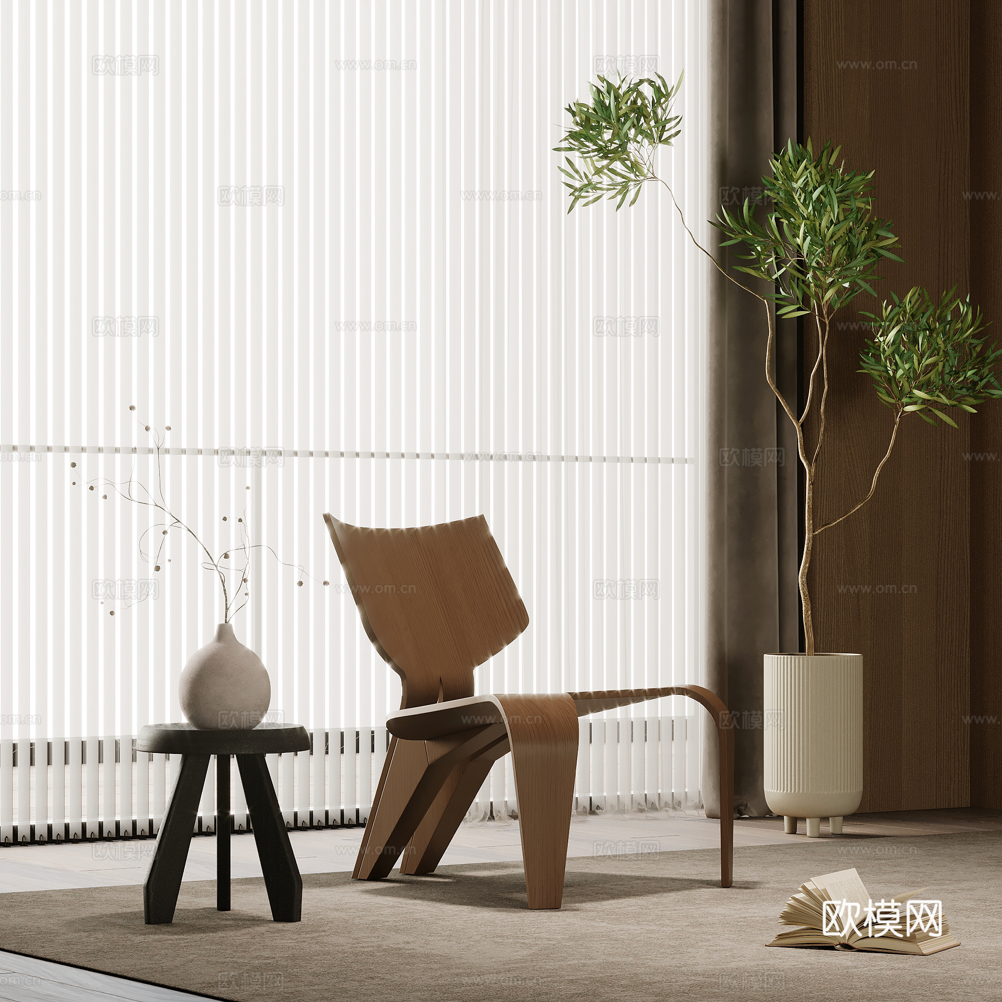 中古风休闲椅 边几 绿植盆栽su模型